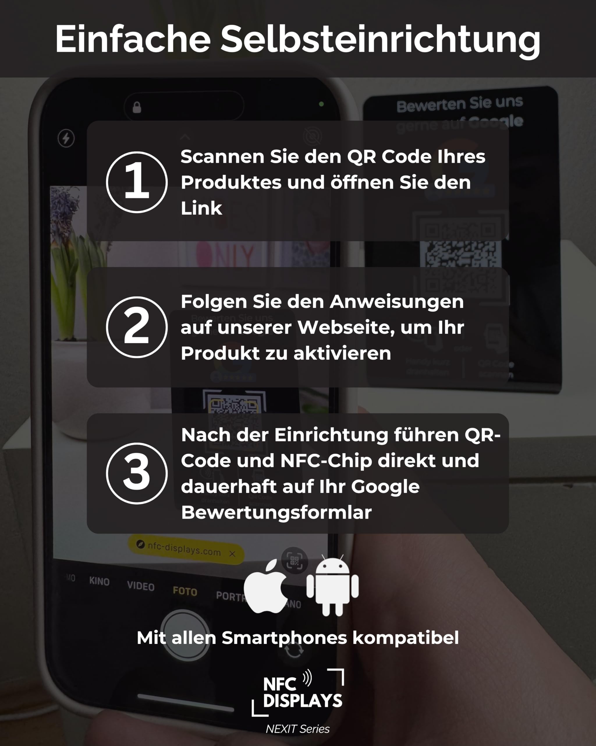Aufsteller für Google Bewertungen mit QR-Code und NFC-Chip (Englisch) 16,5 x 10,5 cm - schwarz