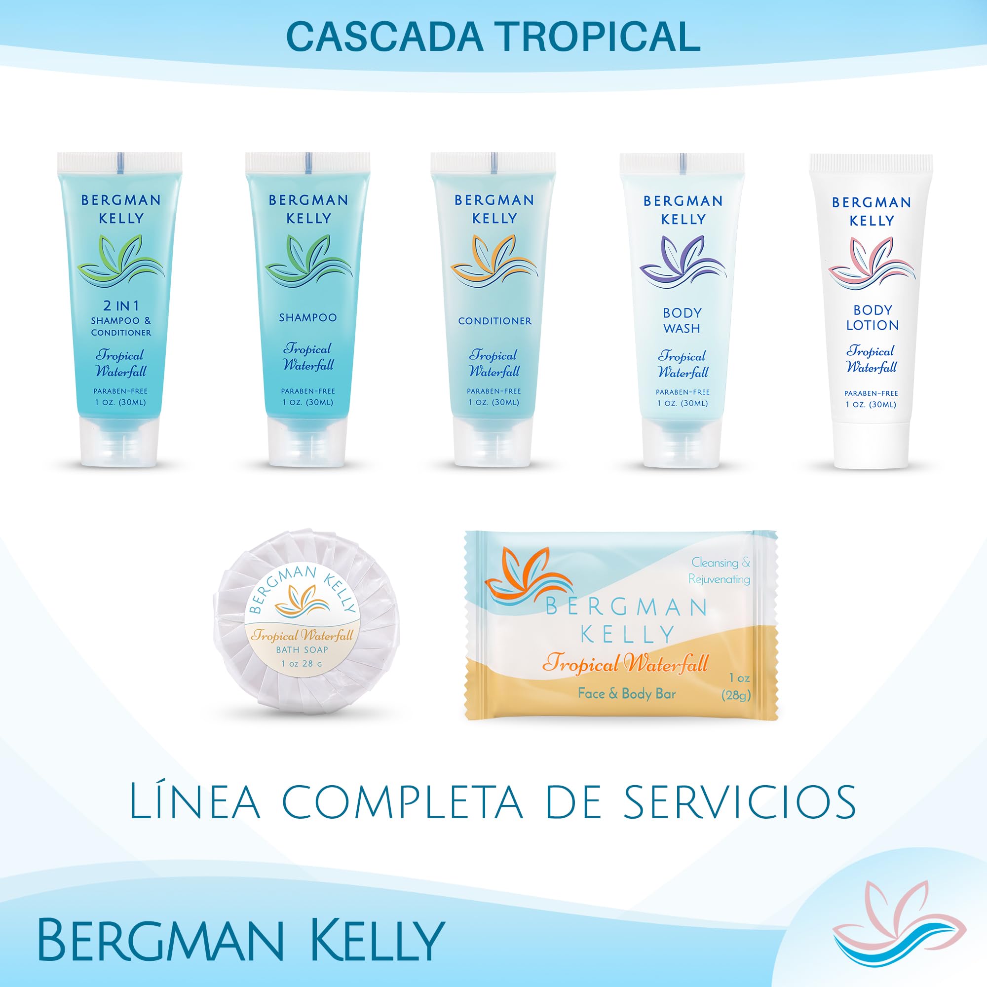 Lote de artículos de tocador del hotel Bergman Kelly - Cascada tropical, 30 ml cada uno, 200 unidades - Conjunto de 4 piezas: 50 pastillas de jabón, champú, acondicionador y loción corporal