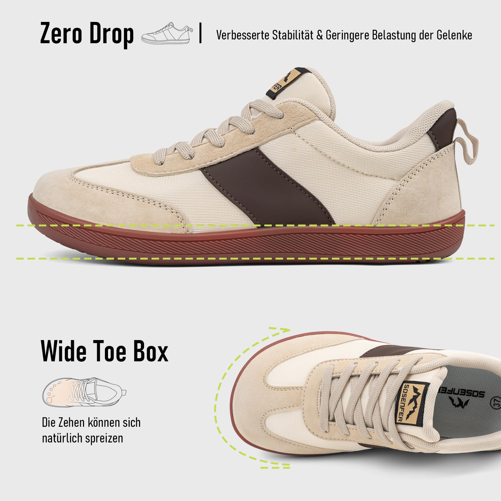 Sosenfer Scarpe larghe da uomo e da donna, con punta larga, leggere, per il tempo libero, minimaliste, antiscivolo, suola zero-drop, sneaker unisex