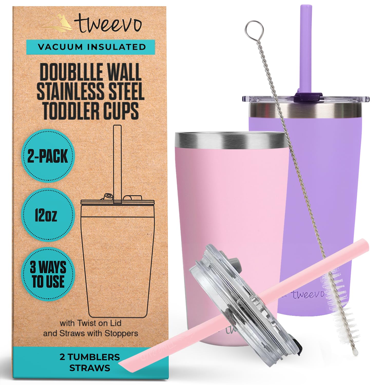tweevo Sippy Cups For Toddlers 1-3 - Toddler Cups w/Screw Lids - Stainless Steel Kids Tumblers With Straws and Lids - 2 Pack