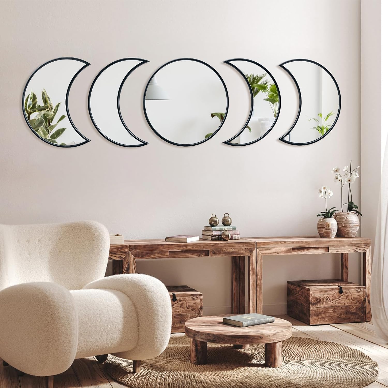 GloShvi 5 Pieces Moon Phase Acrylic Mirror Set For Wall Decoration