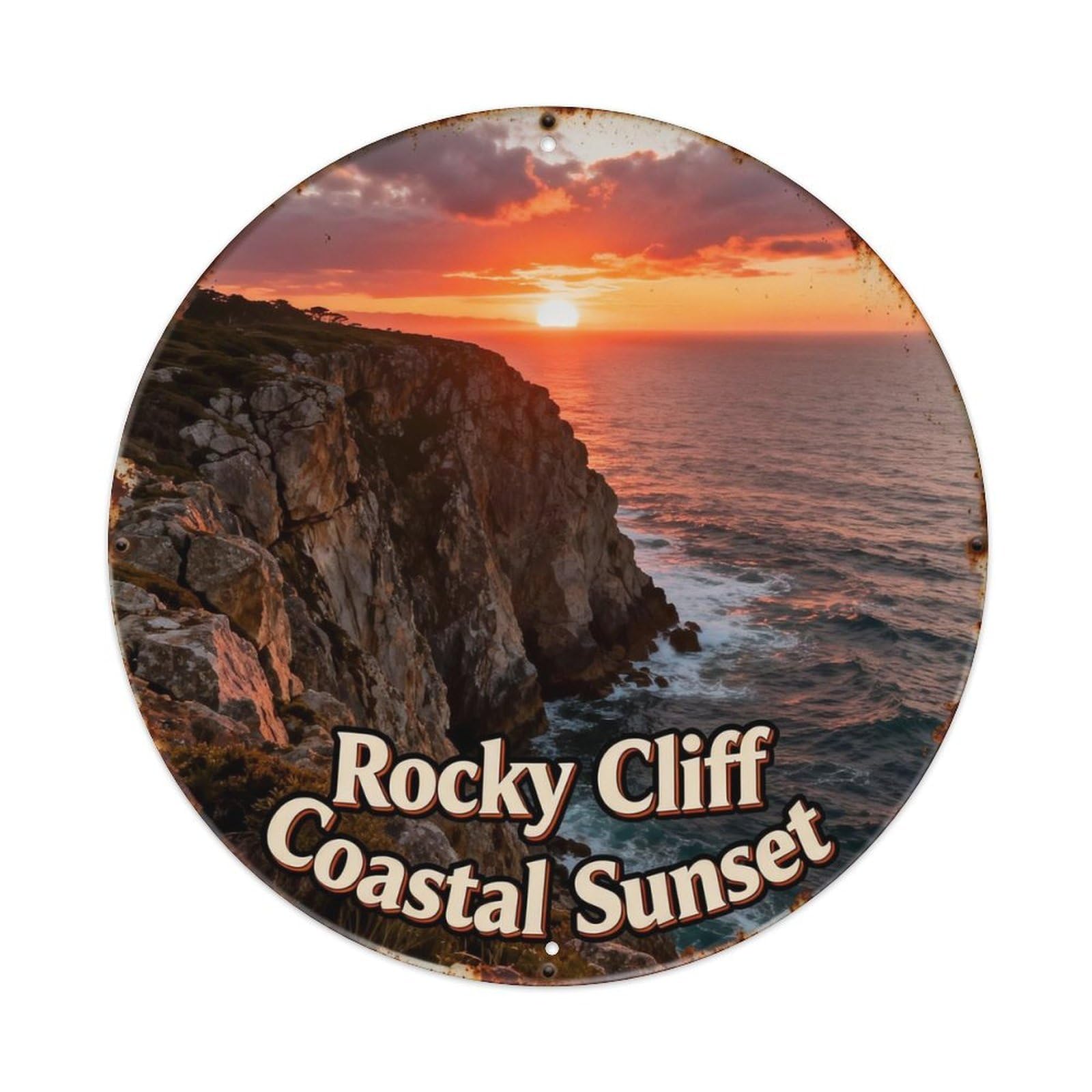 Rocky Cliff Coastal Sunset Metal Tin Sign Plaque