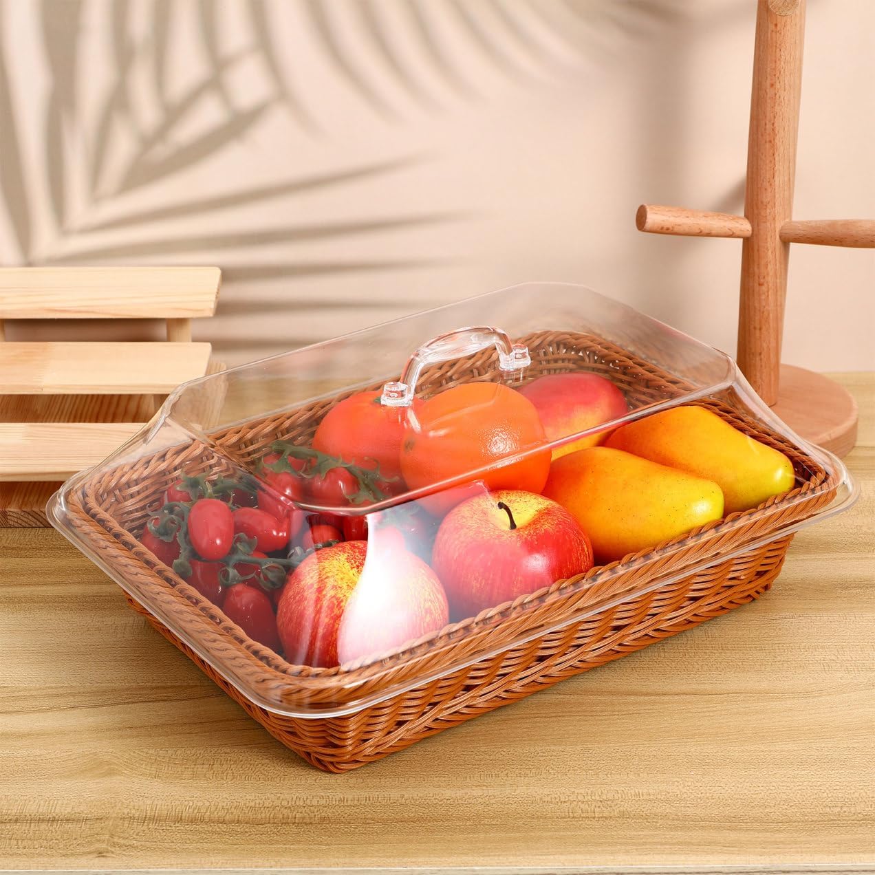Woven Bread Basket with Lid Simulated Rattan Serving Basket 35x25x15cm for Kitchen and Restaurant Use