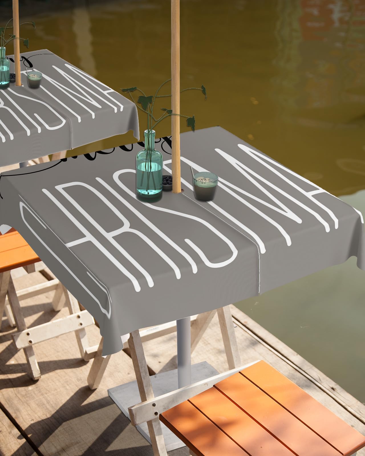 Merry Christmas Outdoor Tablecloths with Umbrella Hole and Zipper, Winer Holiday Vintage Grey Waterproof/Stain Resistant Square Table Cloth 54x54 Patio Table Cover for Picnic/Party Baby Shower