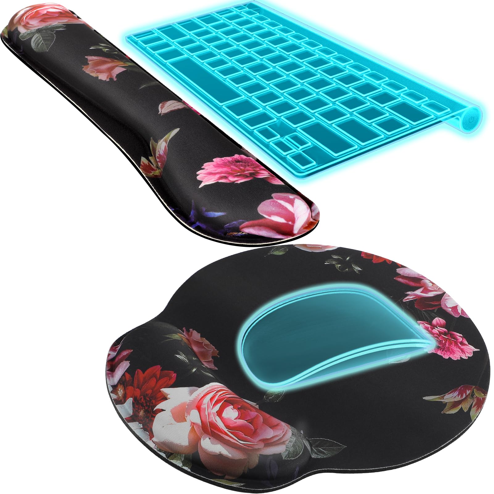 KTRIO Ergonomic Keyboard Wrist Rest, Memory Foam Mouse Pad with Wrist Rest for Computer Keyboard, Mouse Pad Set for Easy Typing & Pain Relief for Office & Home, Peony Flower