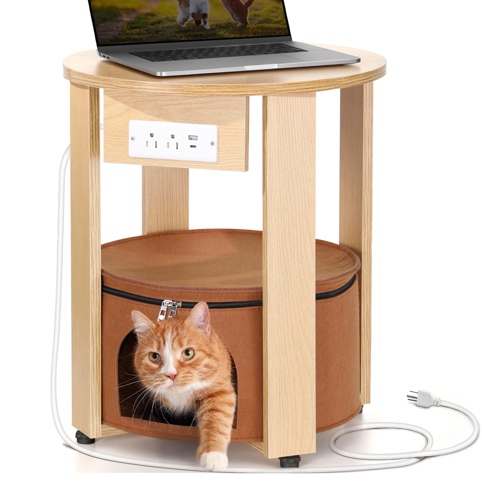 Cat Side Table House End Table with Charging Station Peekaboo with Round Felt Pet Cave Storage Accent Table for Living Room, Small Nightstand Table