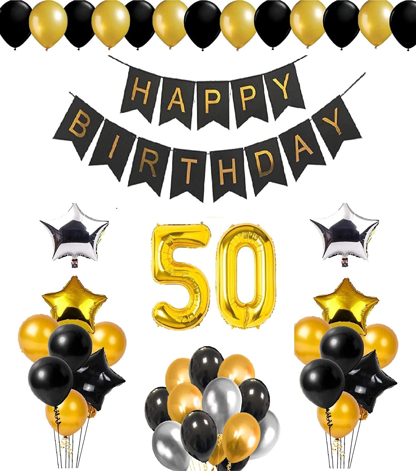 Kanak Decor Birthday Kit - Gold Number Foil Balloon With HAPPY BIRTHDAY Gold Banner And 6 Star Foil And 30 Pcs. Golden, Black And Silver Balloon Best For Boys, Girls & Kids (Pack Of 51) (50 Years)