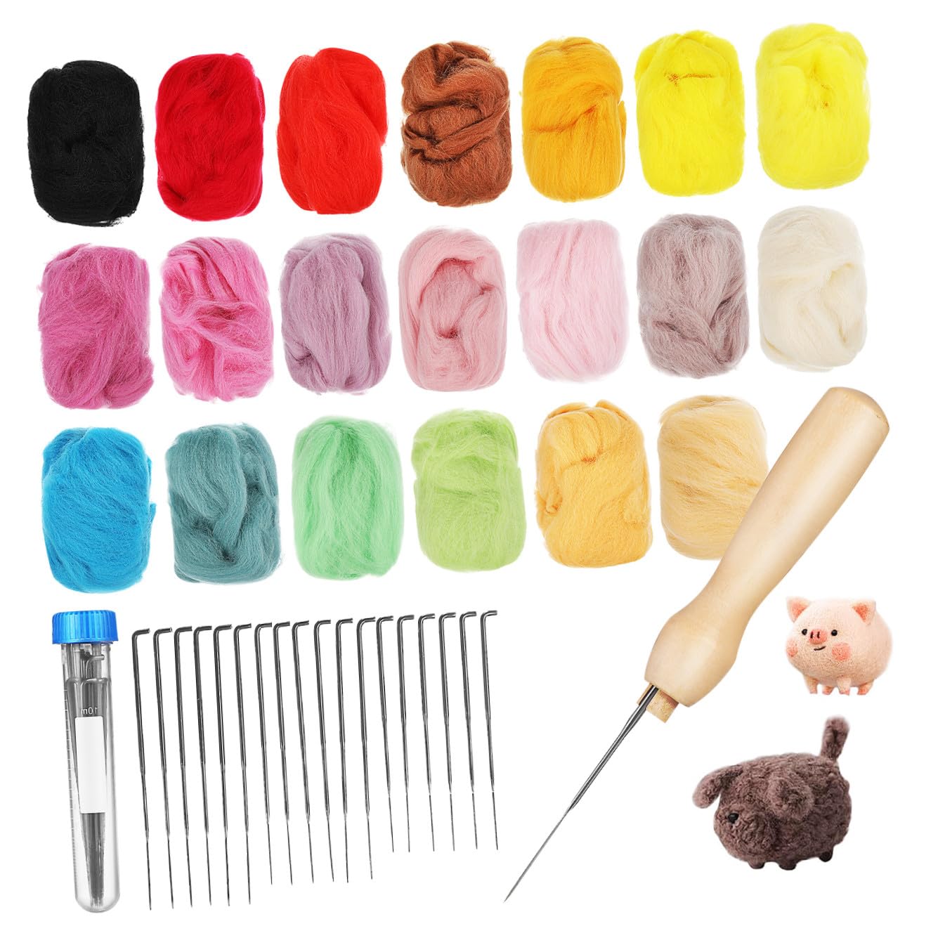 Filzset für Anfänger mit 20 Farben Schafwolle zum Filzen 10g pro Farbe Inklusive Grober Mittlerer und Feiner Nadeln für Selbstgemacht und Kreatives Basteln