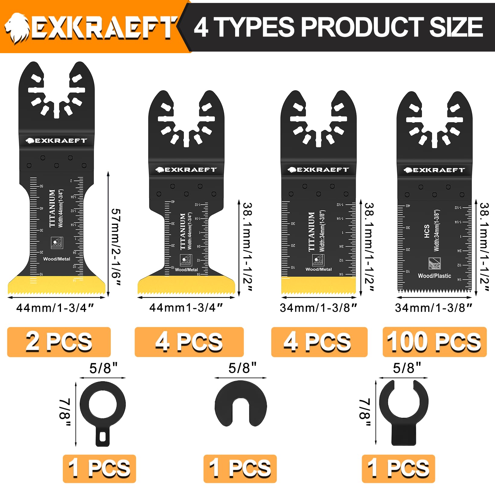EXKRAEFT 110 hojas de sierra oscilantes, cuchillas oscilantes universales de titanio para clavos de metal, madera y plástico, kits de cuchillas multiherramienta para Dewalt, Milwaukee, Ryobi, Rockwell