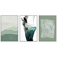 SIGNWIN Framed Canvas Print Wall Art Double Exposure Horse with Green Geometry Geometric Animals Mixed Modern Art Rustic Scenic Relax/Calm Cool for Living Room, Bedroom, Office - 16