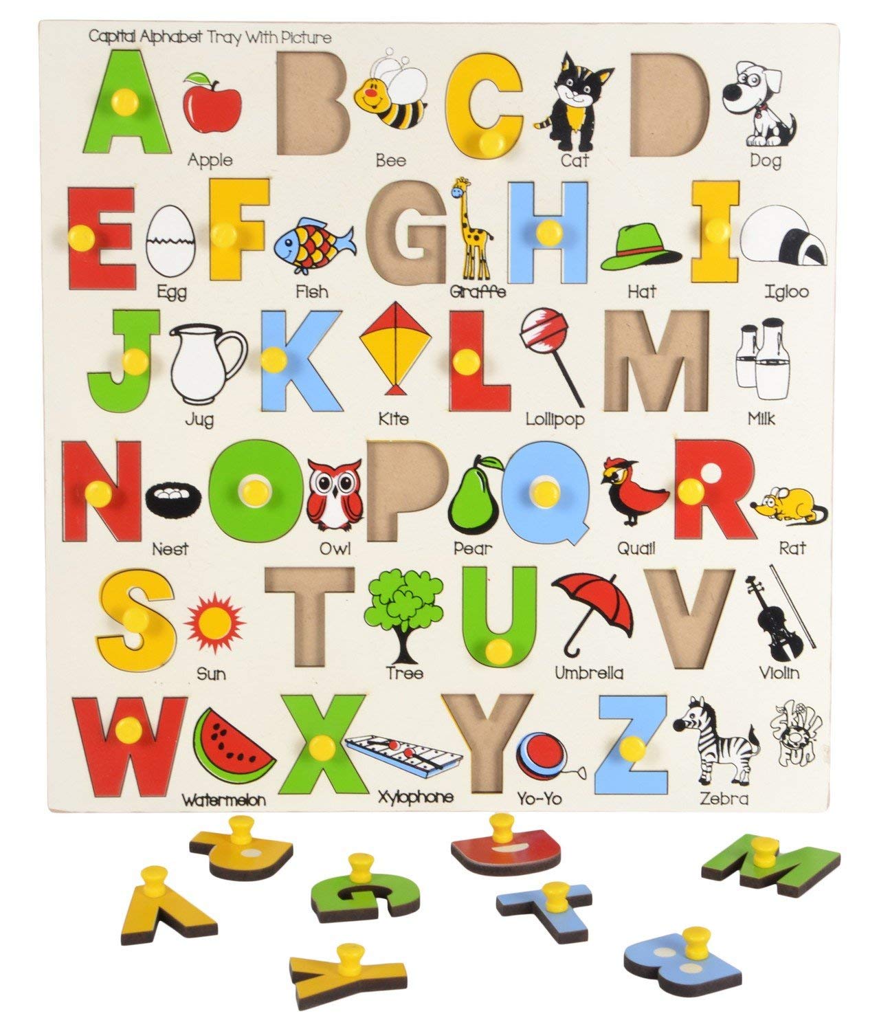 Skillofun Wooden Alphabet Tray with Pictures, Fun & Educational - Improves Motor Skills | Engaging Learning Tool | Eco-Friendly, Non-Toxic | Colorful Alphabet Pieces with Matching Pictures