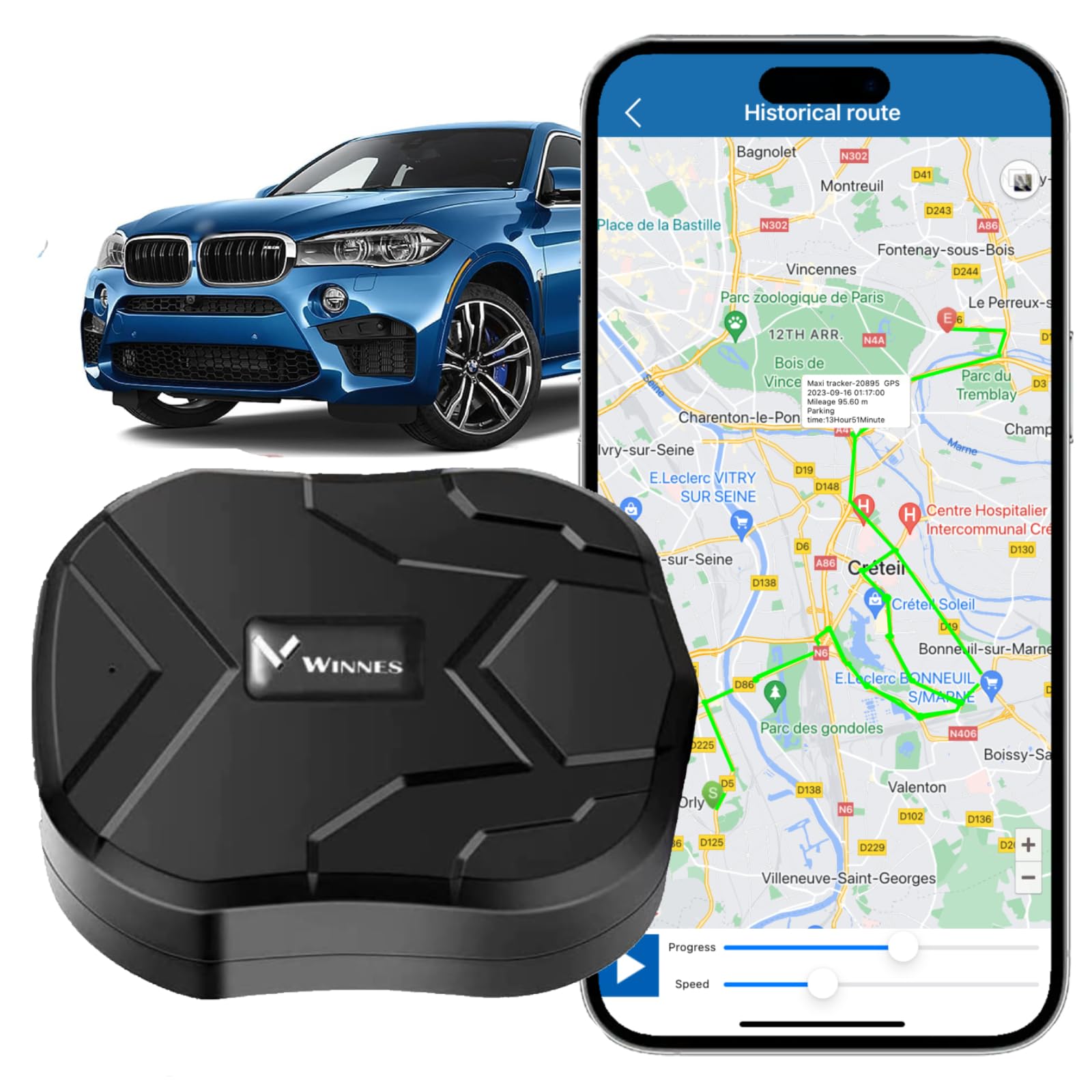 Winnes Localizador GPS para Coche 150 Días de Espera,Seguimiento en Tiempo Real, múltiples Modos de Alarma, Adecuado para antirrobo de vehículos y Motocicletas, aplicación Gratuita TK905B
