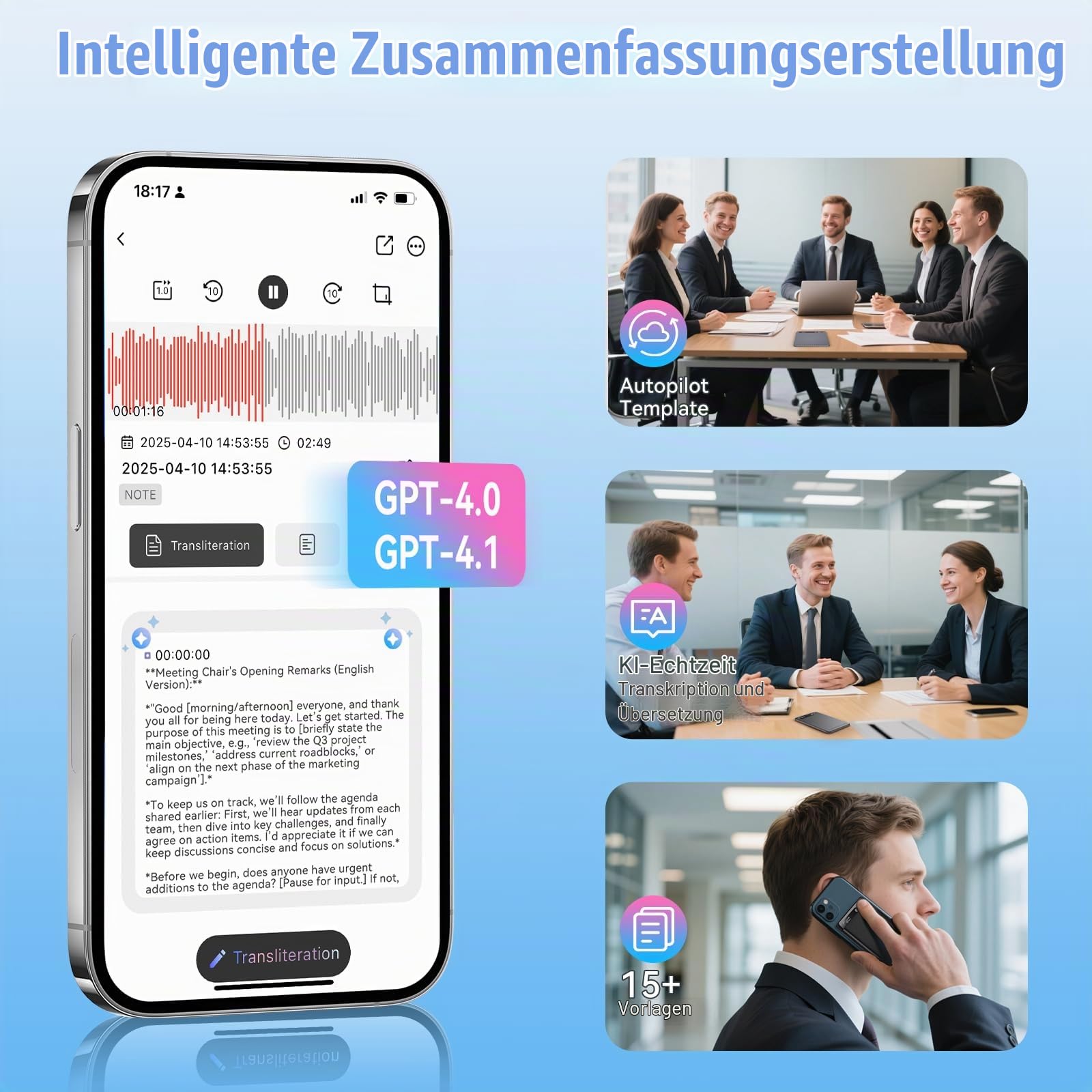 KI Digitales Diktiergerät AI Sprachrekorder 118+ Sprachen Echtzeit-Transkription & Übersetzung 64GB digitaler Diktiergerät mit Textkonvertierung Smart-Zusammenfassung für Meeting-Notizen