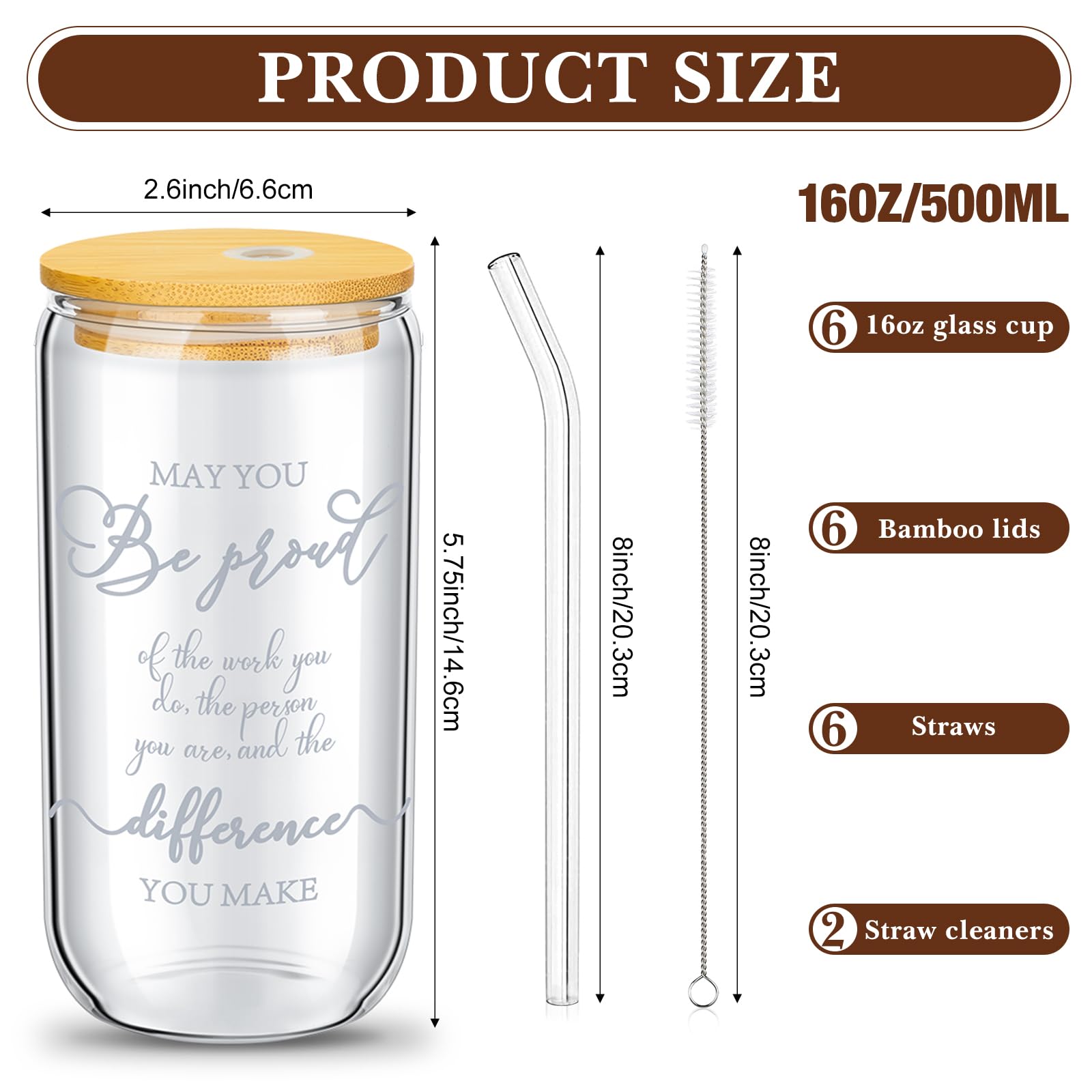 Purpeak 12 Set Employee Appreciation Gifts Thank You Gifts for Staff Coworker Thank You Glass Cups 16 oz Can Shaped Beer Glass with Lids Straws Brushes for Teacher Nurse(May You)