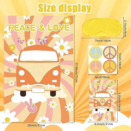 Miniatura 2 de Pin the Peace Sign On The Hippie Van con 32 calcomanías de letrero grandes, Groovy Hippie, juegos de fiesta, póster para niños, Groovy fiesta de