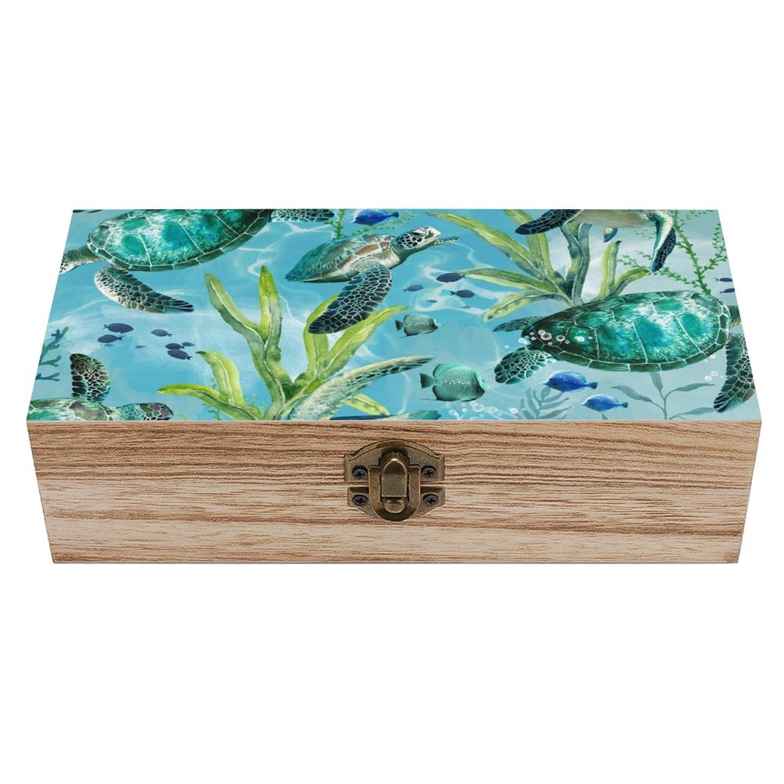 asbwuo Sea Turtle-Blue Wooden Keepsake Box Storage Boxes with Hinged Lid
