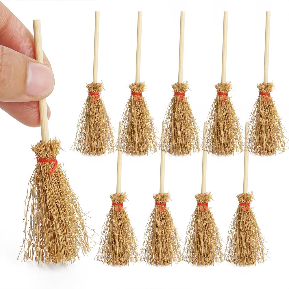 Odoria Dollhouse Straw Broom Miniature - 1/12 Scale Broomstick for Fairy Garden - Mini Witch Broom Decorative Craft - Tiny Besom Rustic for Halloween Thanksgiving Festival 10Pcs