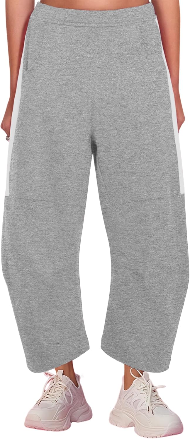 UANEO Women's Barrel Leg Pant Wide Leg Elastic Waisted Track Pants Trousers Casual Palazzo Striped Sweatpants with Pockets