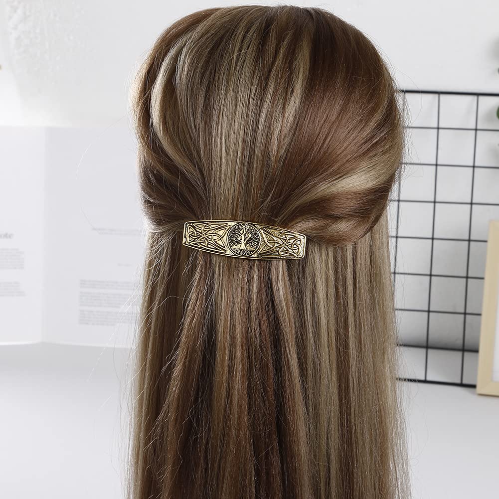 JKJF 2 Pcs Celtic Knot Barrette Vintage Hair Barrettes Metal French Hair Clips Engraved Headwear for Women Girls - Gold Silver Style 1: Tree of life #4