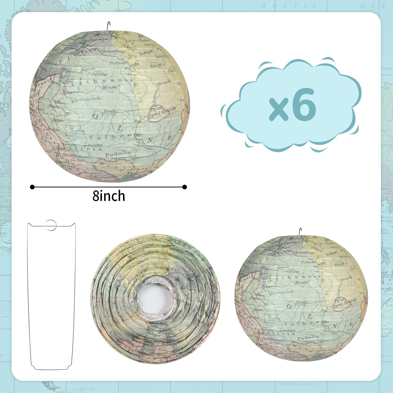 6pcs Globe Hanging Paper Lanterns Set 8Inch Travel Themed Party Decorations World Map Hanging Paper Lantern Around The World Decorations Earth Day Ceiling Decorations for Home School Classroom