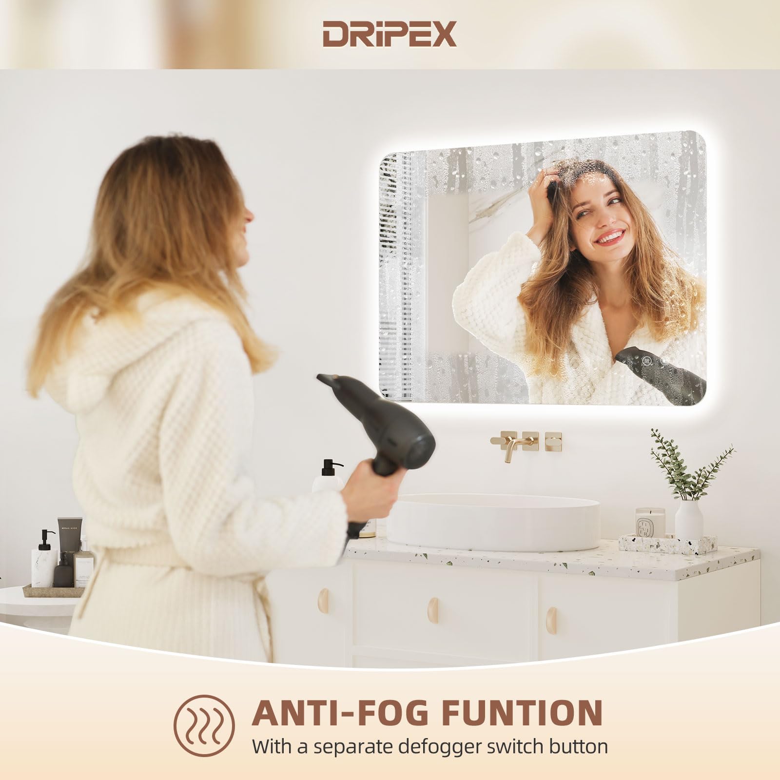 Dripex Specchio Bagno LED 50x70 cm, Specchio da Trucco con retroilluminato Anti Nebbia 3 Temperature Colore e Dimmerabile Specchio Luce da Parete Moderno con Smart