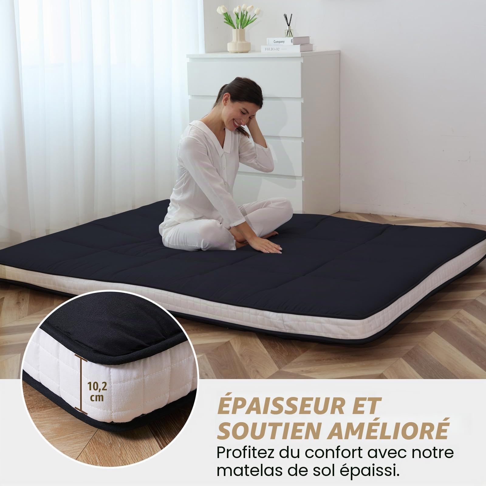 Matelas futon japonais, matelas de sol japonais, très épais et pliable, matelas de couchage en mousse à mémoire de forme pour adultes, tatami adapté pour le camping et les invités, noir diamant
