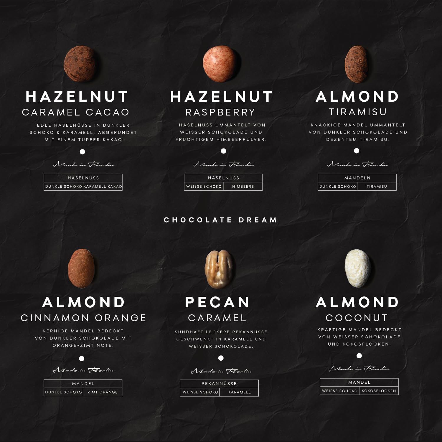 P-Stash Black Box Mix di Noci Chocolate Dream – Confezione da 6 – Pecan, Nocciole & Mandorle – Noci al cioccolato con spezie uniche, tostate a mano a Berlino