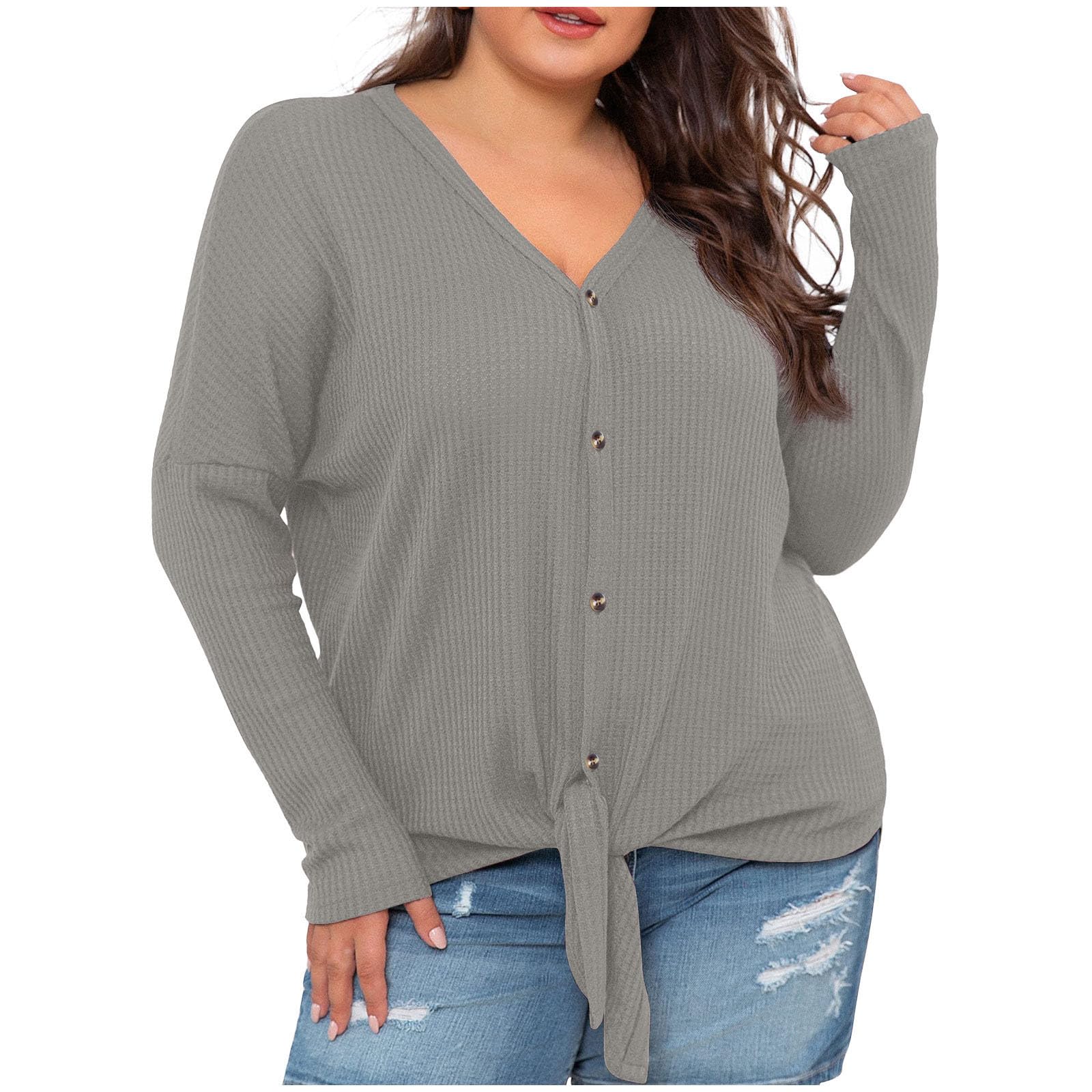 Womens Loose Tops Long Sleeve V Neck Waffle Knit Tunic Blouse Tie Front Button Up T Shirts Casual Comfortable Shirt