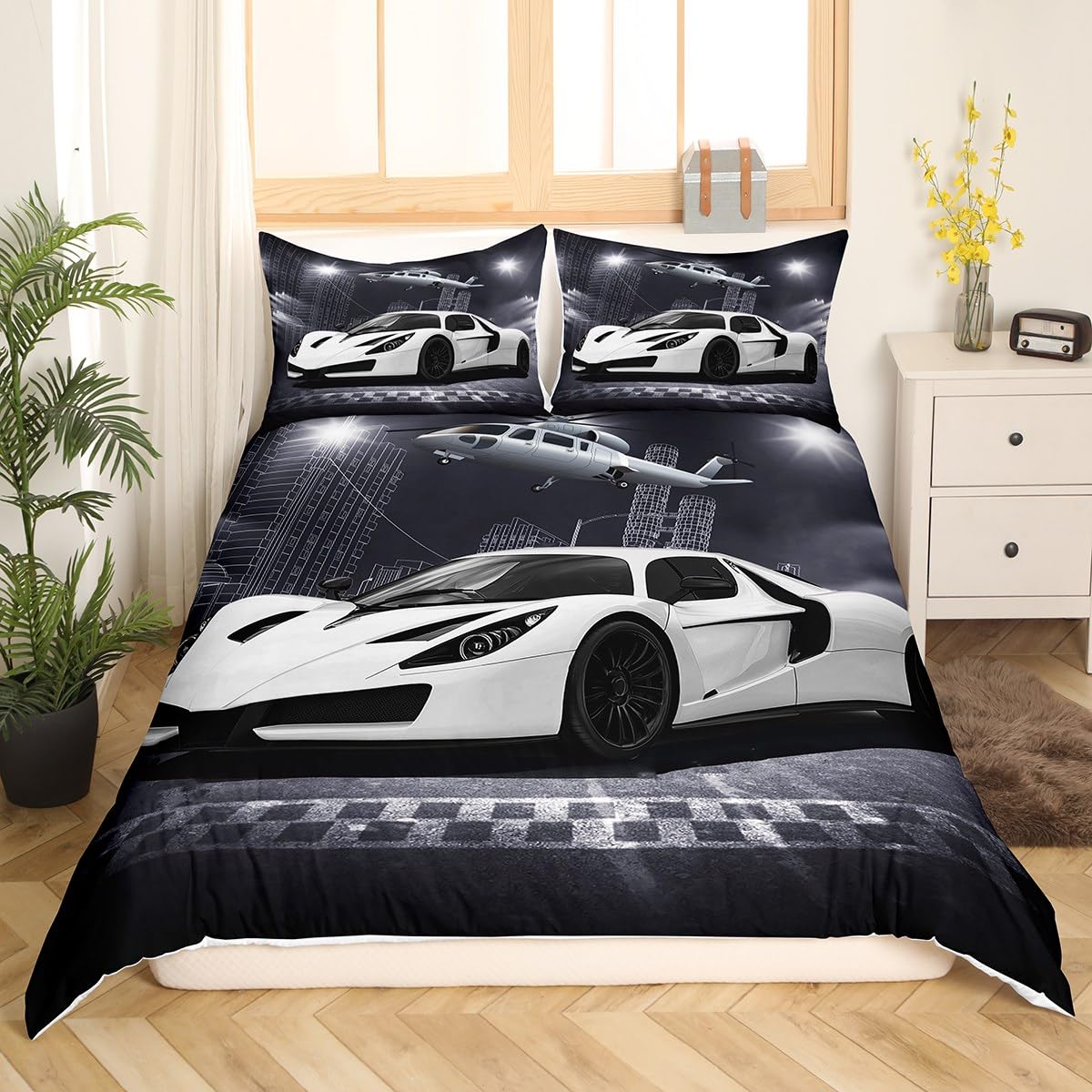 Feelyou Race car Airplane Bedding Set Black Grey White Speed Sports Car Duvet Cover for Kids Teens Racing Car Comforter Cover Extreme Sports Bedspread Cover Bedroom Decor 2Pcs Twin Size (No Comforter)
