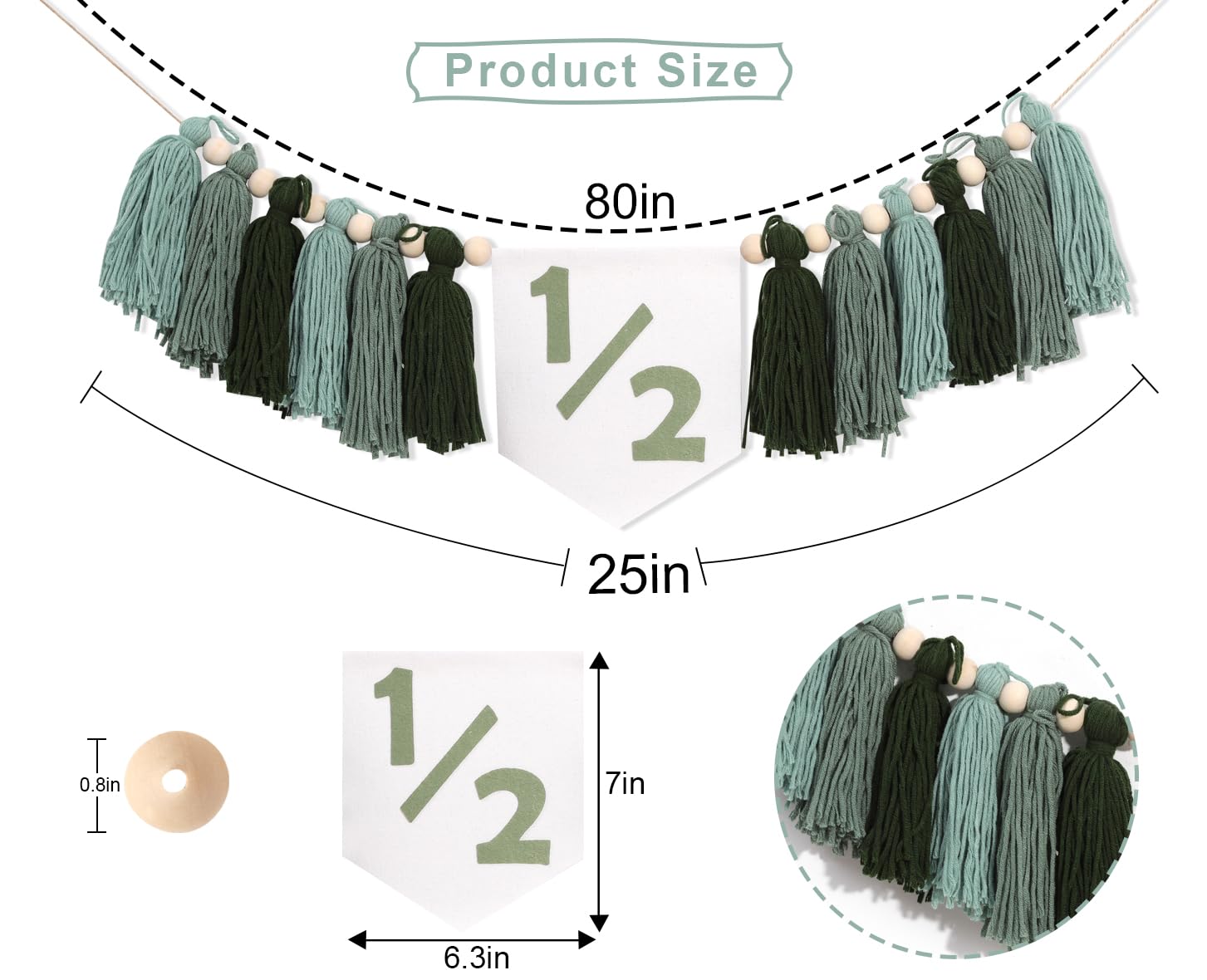 Greenery half Birthday High Chair Banner - Nature 1/2 Birthday Highchair Banner, Half Birthday High Chair Banner, 6 Monthes Birthday Party Banner, Tassel Bunting, Wooden Tassel Garland