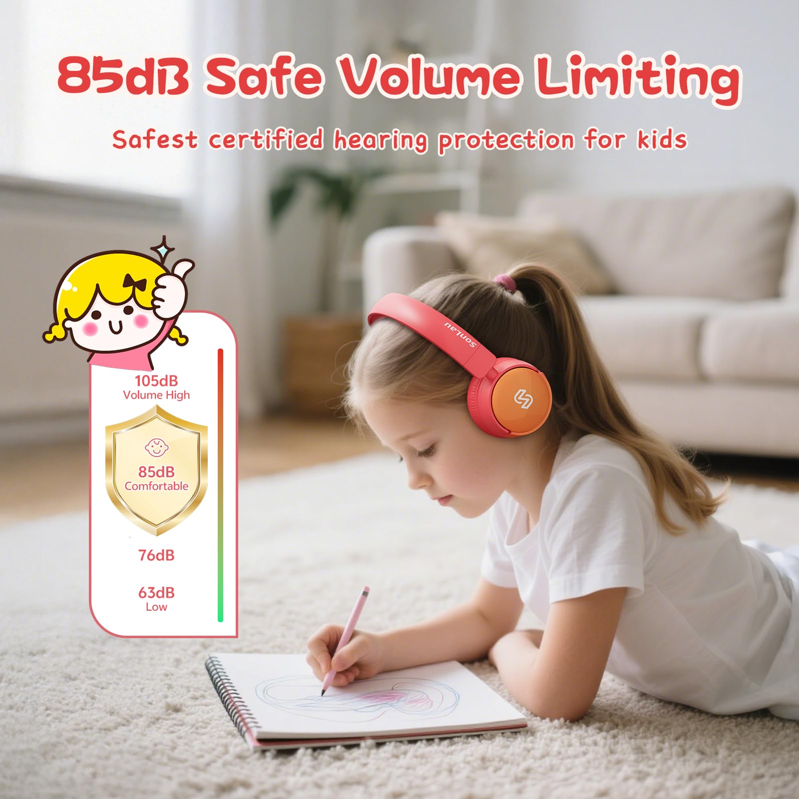 S62 Cuffie per bambini, cuffie cablate per bambini sopra l'orecchio con microfono, limitatore di volume 85/94 dB, cuffie per ragazze e ragazzi, cuffie pieghevoli per apprendimento e