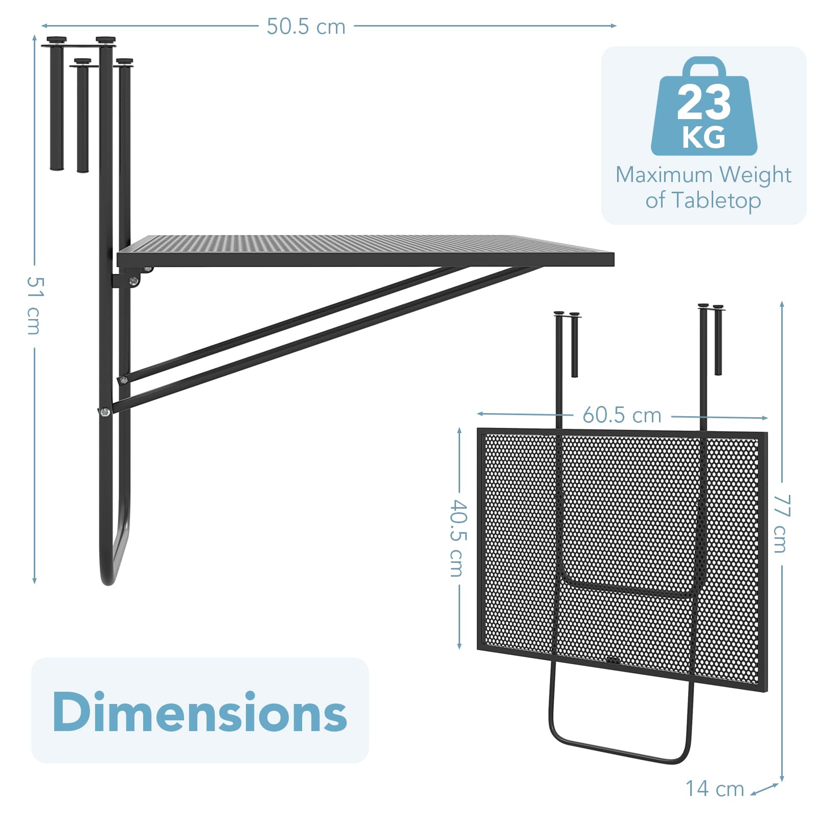 GIANTEX Składany stół balkonowy, metalowy stolik pomocniczy do balustrad | 60,5 x 40,5 x 51 cm, metalowy stolik zewnętrzny oszczędza miejsce, blat z siatki, na taras