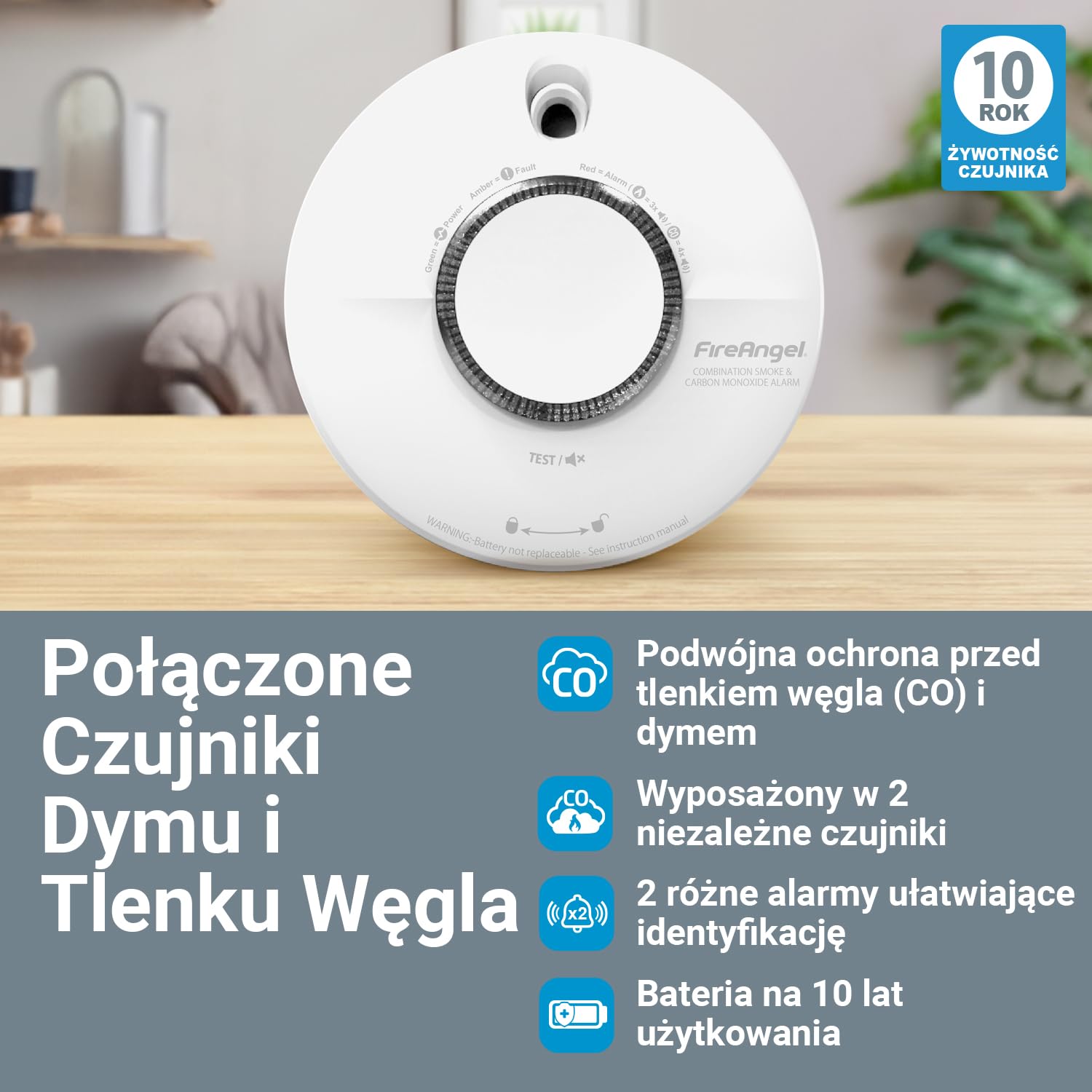 Fire Angel SCB10-INT Czujnik Czadu i Zadymienia Domu – Podwójny Czujnik Dymu i Czadu na Połączone Detektor Dymu i Detektor Tlenku Węgla – Biały