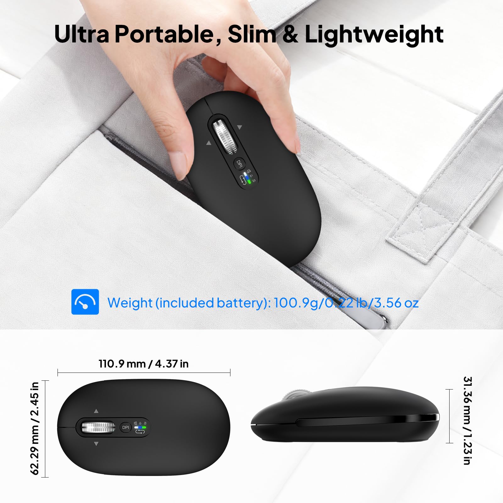 INFINMIND Mouse Bluetooth Senza Fili con Smart Flying Scroll, Rotellina ergonomica per il pollice, silenzioso per 3 dispositivi - Compatibile con Windows/Mac OS/Chrome/Android (Nero)