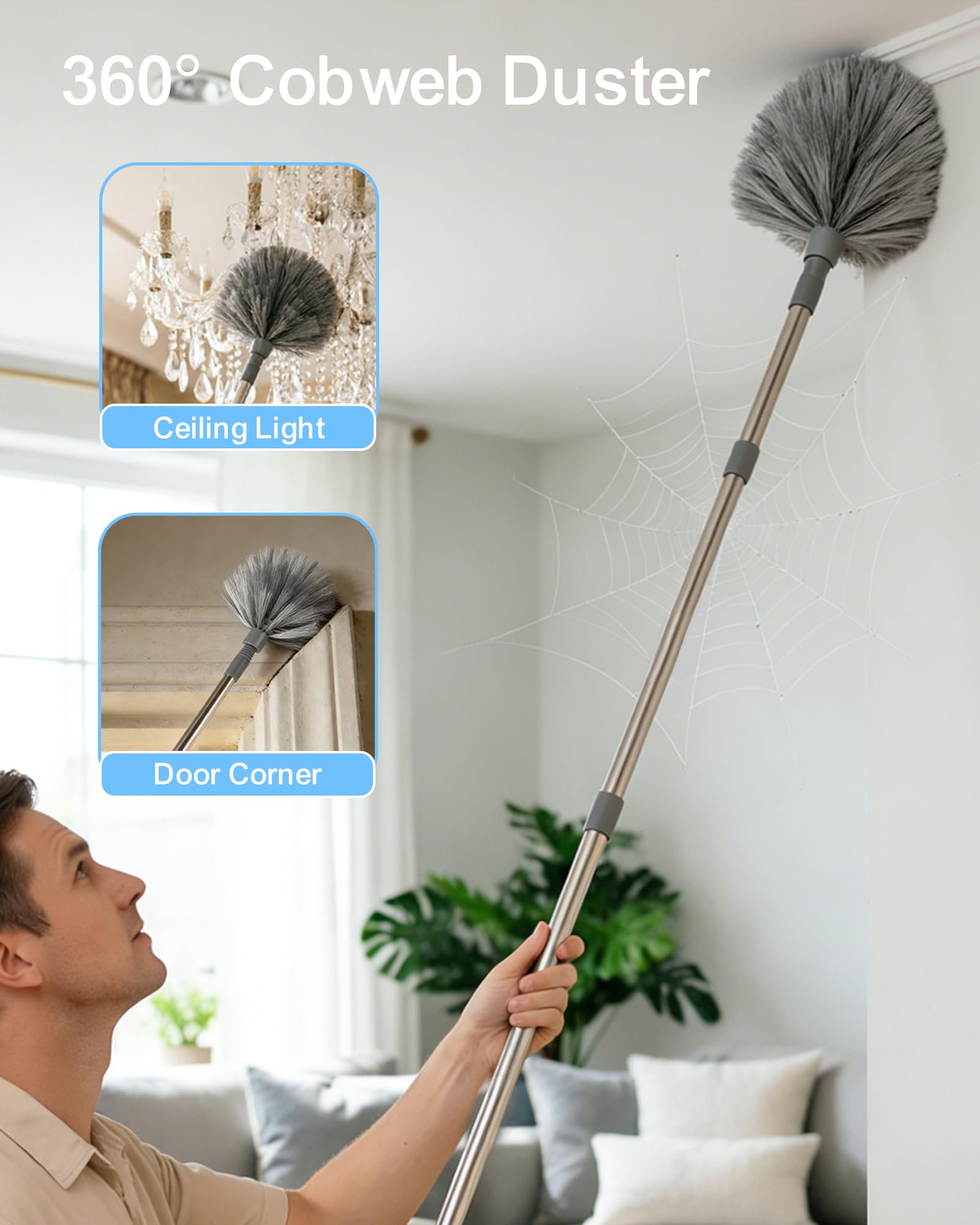 Plumero Telescópico 6m, Varilla Extensible 1,2–4,3m, Atrapapolvo Microfibra, Limpiador de Vidrios 2en1, Removedor de Telarañas – para Techos y Ventanas