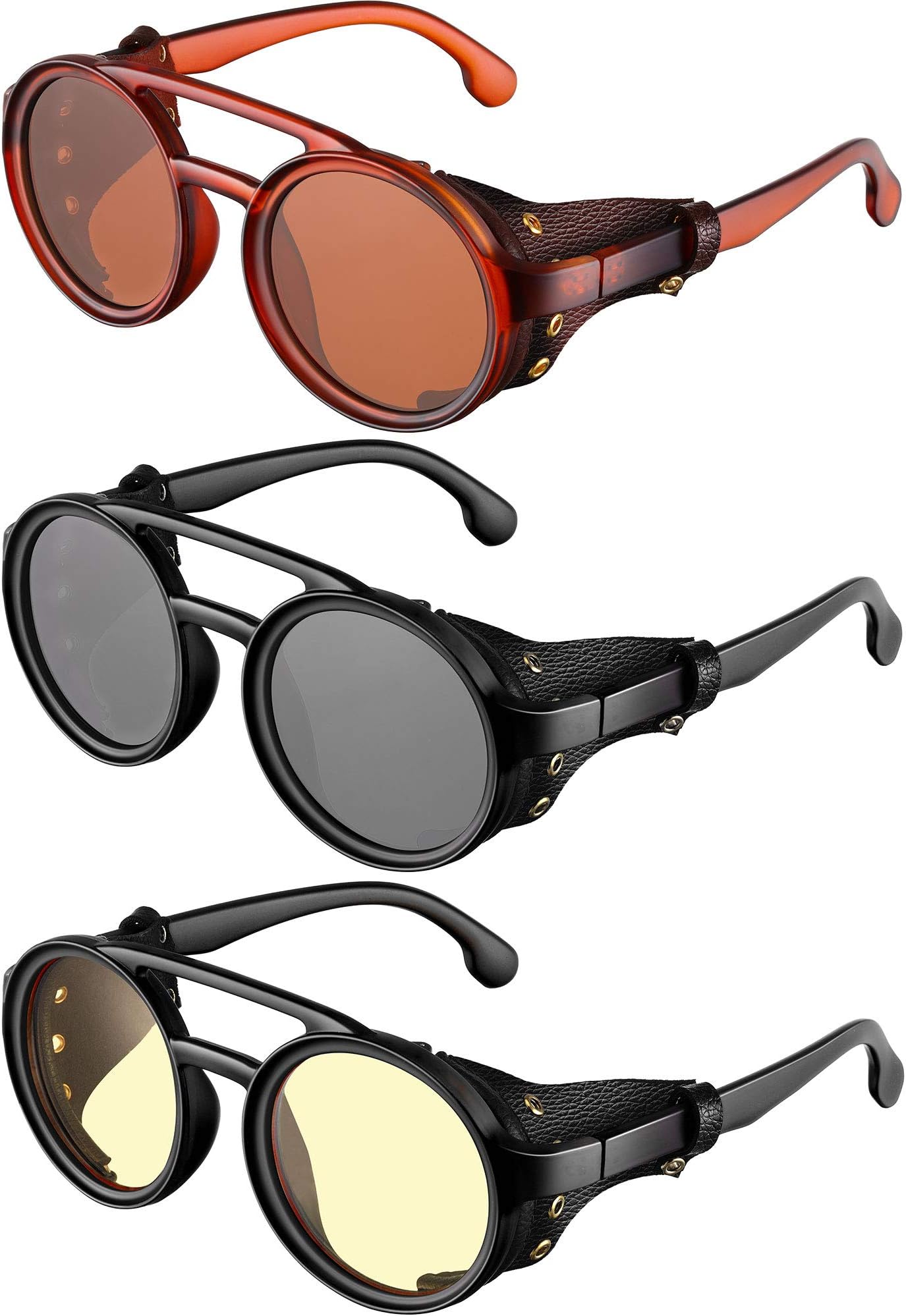 3 Pairs Retro Round Steampunk Sunglasses with Faux Leatherwear for Men Women