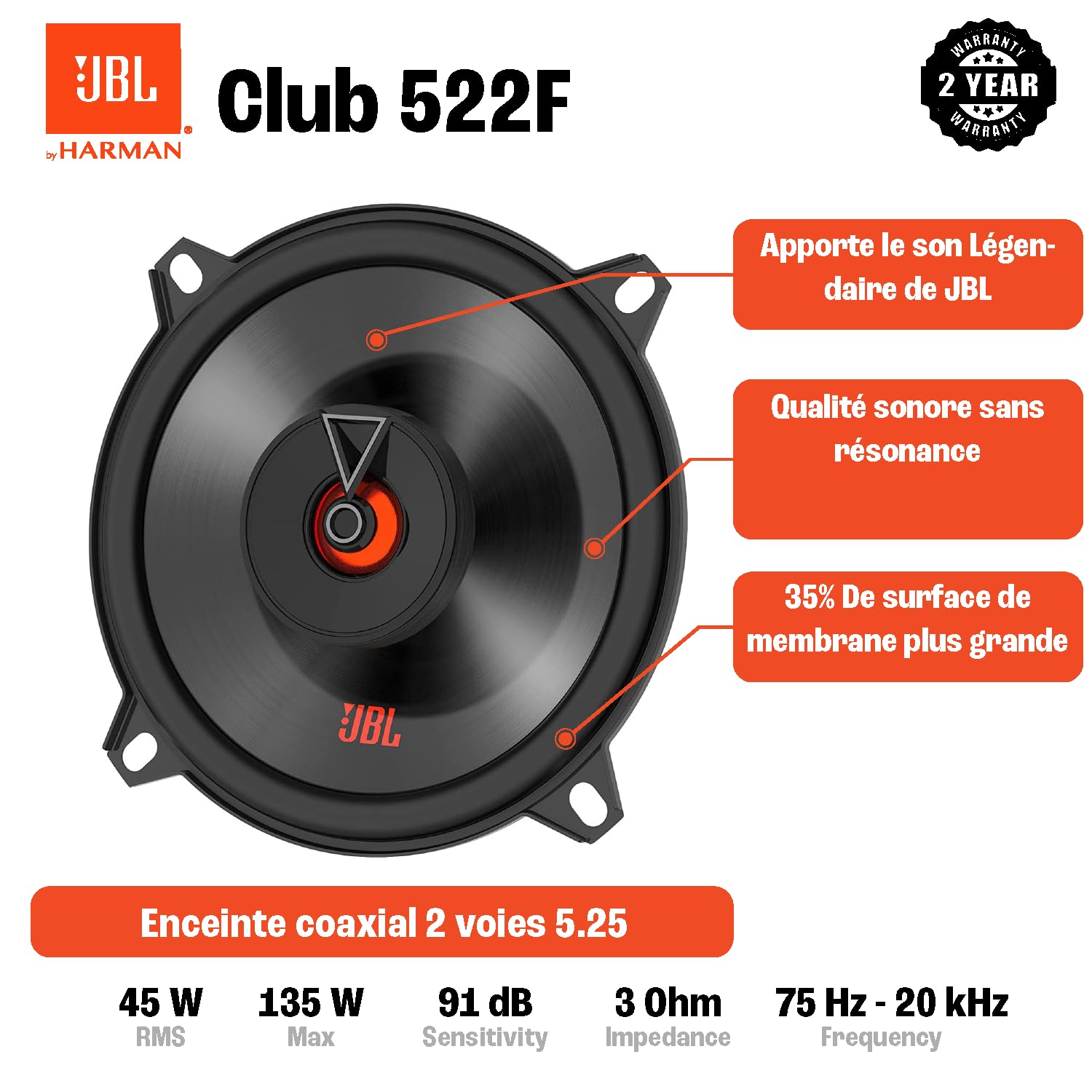 JBL Club 522F Ensemble enceinte voiture à 2 voies de Harman Kardon - 135 Watt Pro Sound Haut Parleur Voiture 13 cm