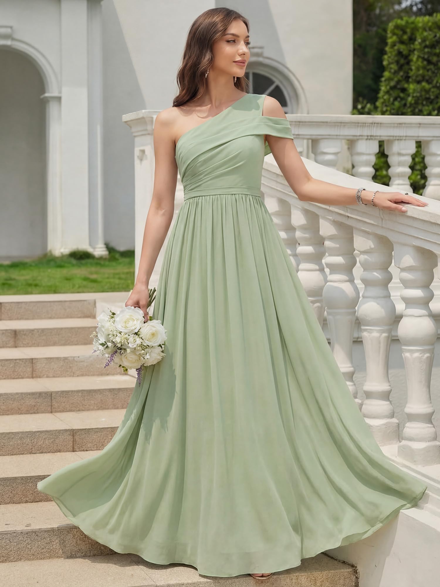 Ever-Pretty Abiti da Damigella Collo Asimmetrico Maniche Corte Chiffon Maxi Gonna Svasata ES02705