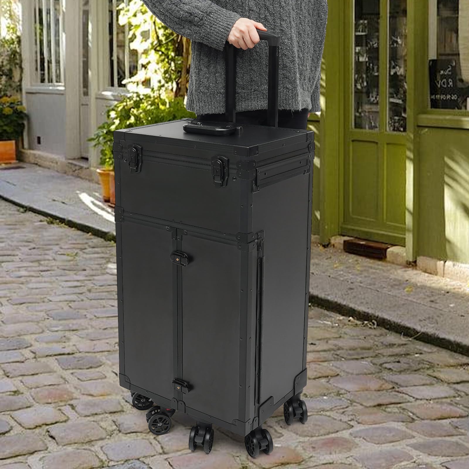 Walizka na kosmetyki 30 kg, zamykana, z 4 szufladami | Aluminiowa walizka na kółkach na kosmetyki, 3-stopniowy uchwyt, 6 kółek, kosmetyczka na podróż, walizka fryzjerska, czarna