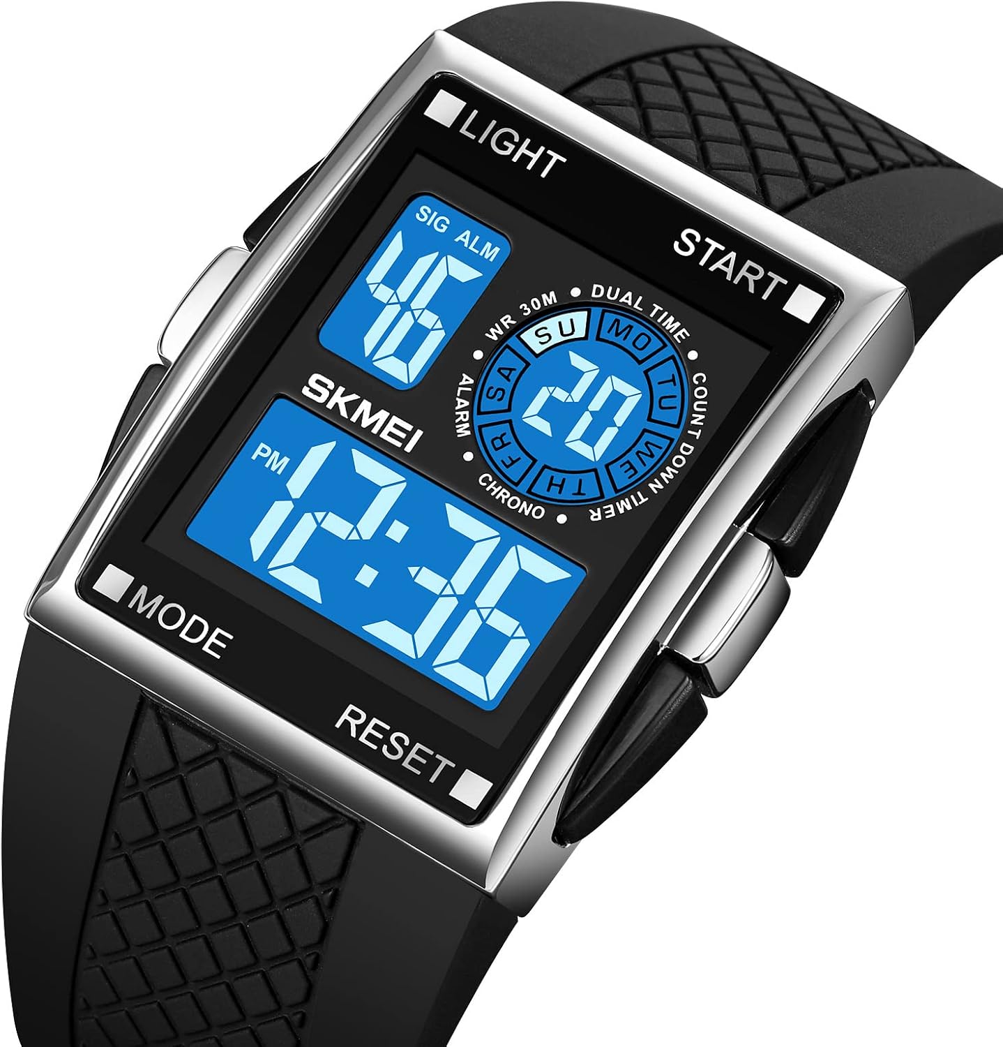 FANMIS Men's Rectangle Dial Sports Wrist Watches with 7 Colors Optional LED Backlight Multifunctional Alarm Stopwatch 12/24H Rubber Strap Watch - Image 3