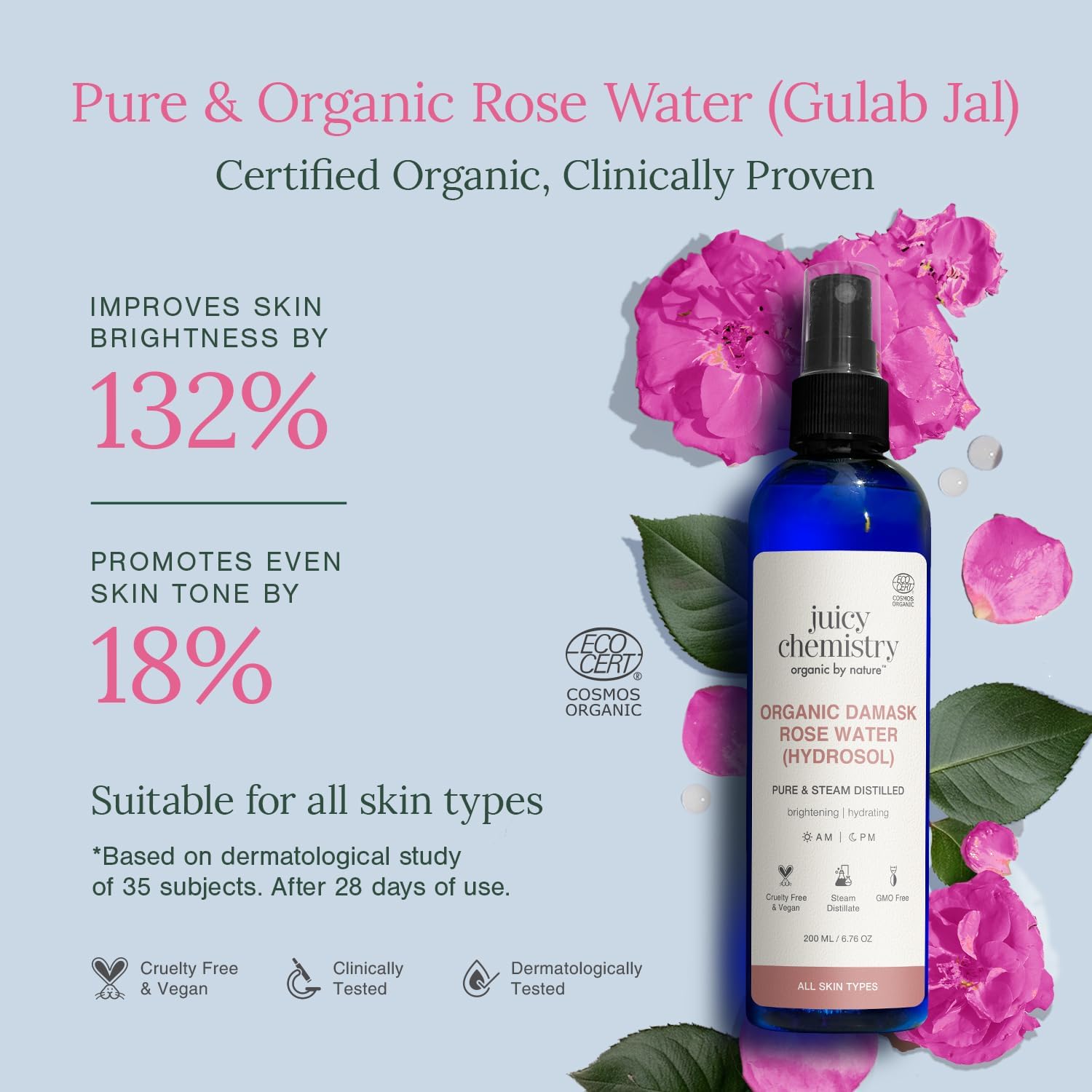 Juicy Chemistry Organic Rose Water (Hydrosol) | Face Toner for Glowing, Brighter and Hydrated Skin | Made with Bulgarian Damask Roses (200 (Pack of 1))
