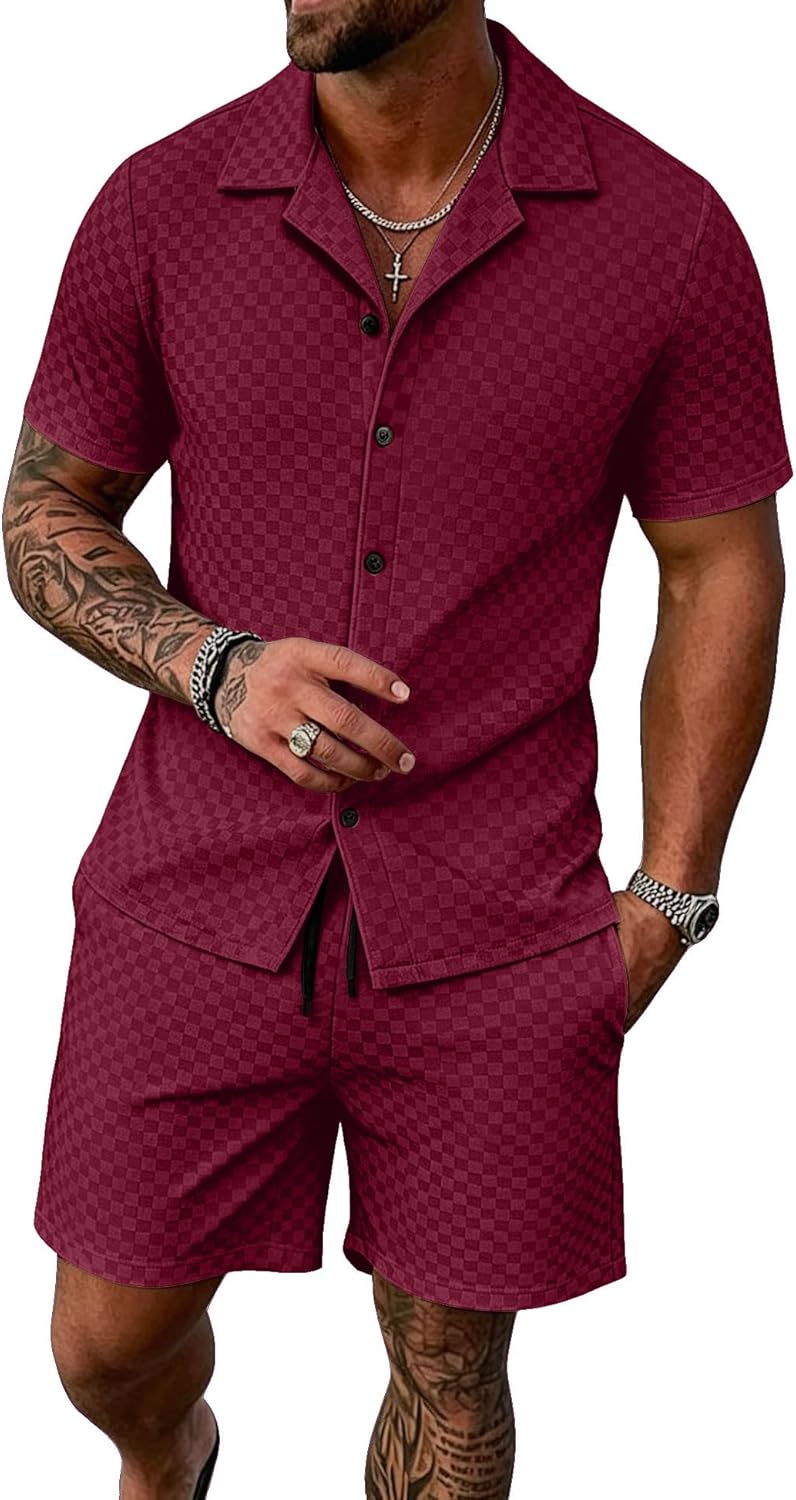 UOUA Mens Velour Tracksuit 2 Piece Outfits Short Sleeve Button Down Shirt and Shorts Sets Casual Sweatsuits