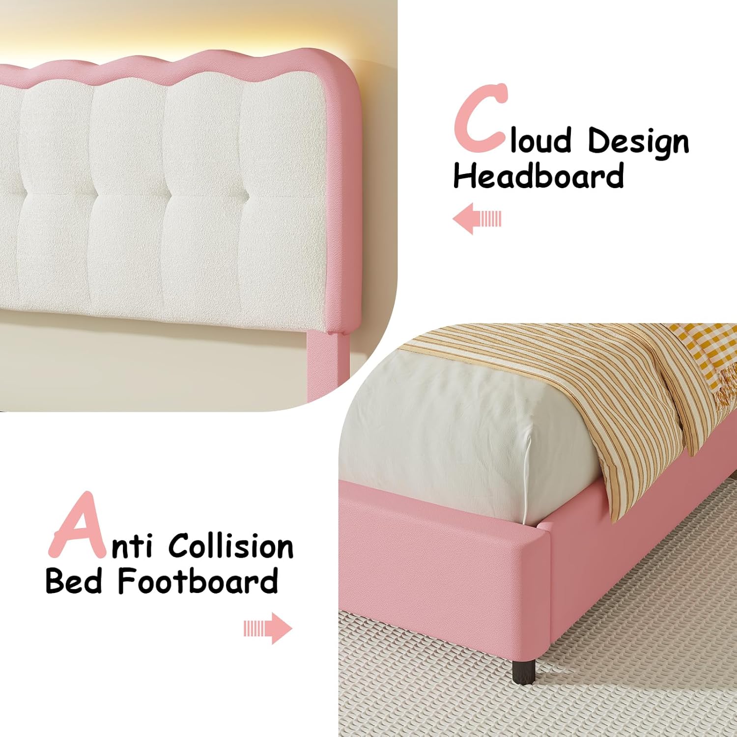 BarnFurin Full Size Bed Frame, Upholstered Platform Bed with Cloud Headboard, Boucle Bed Frame with Anti-Collision Soft Design, No Box Spring Required, Easy Assembly, Pink