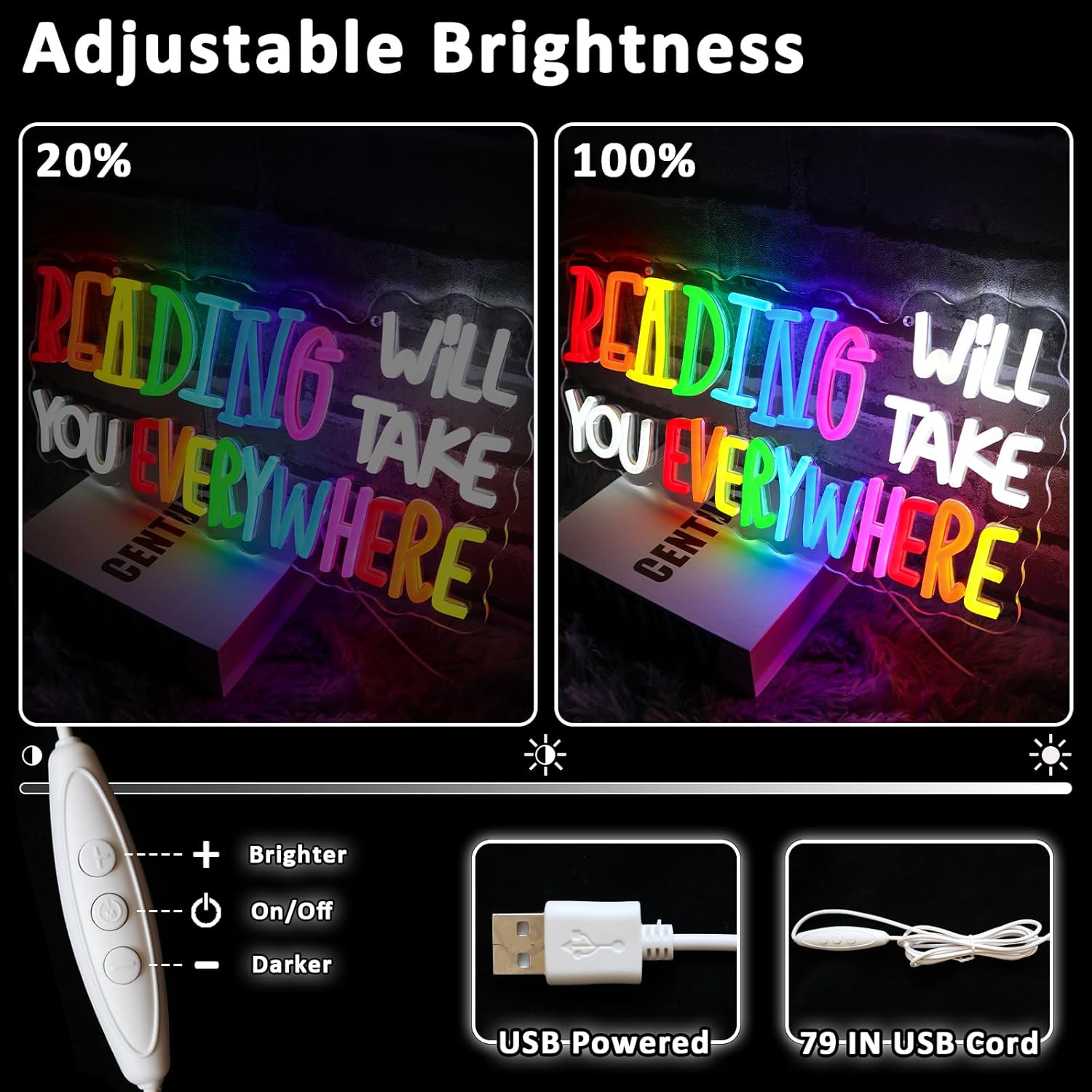 Reading Will Take You Everywhere Neon Sign for Wall Decor Dimmable Inspirational Quote Led Sign for Classroom Colorful Neon Light for School Bookstore Library Study Room Wall Art Decoration