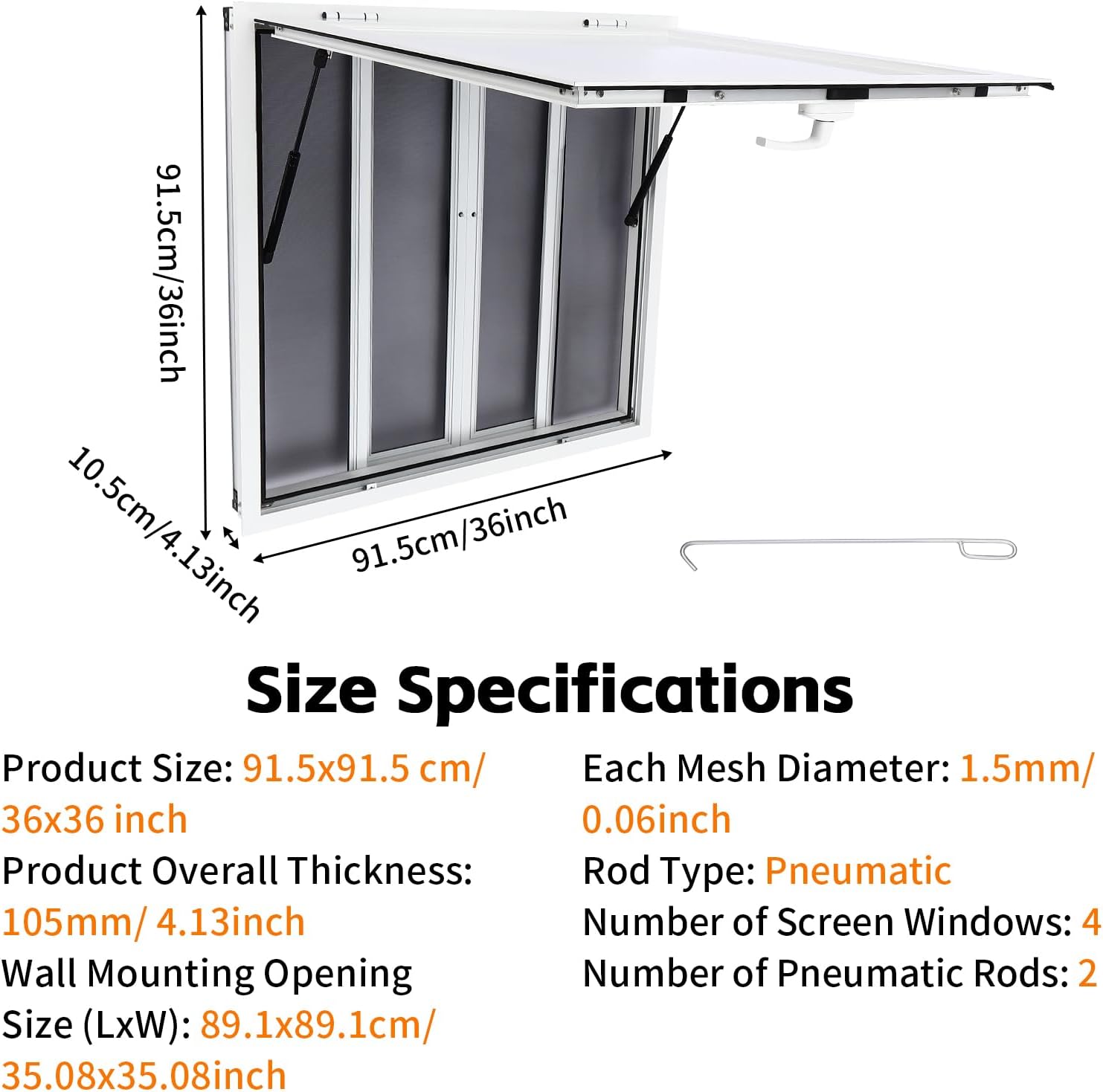 36" x 36" Food Truck Window with 4 Sliding Screens, Aluminum Concession Window for Trailer RV, 80° Opening Weatherproof Serving Windows with Pneumatic Rods Drag Hook