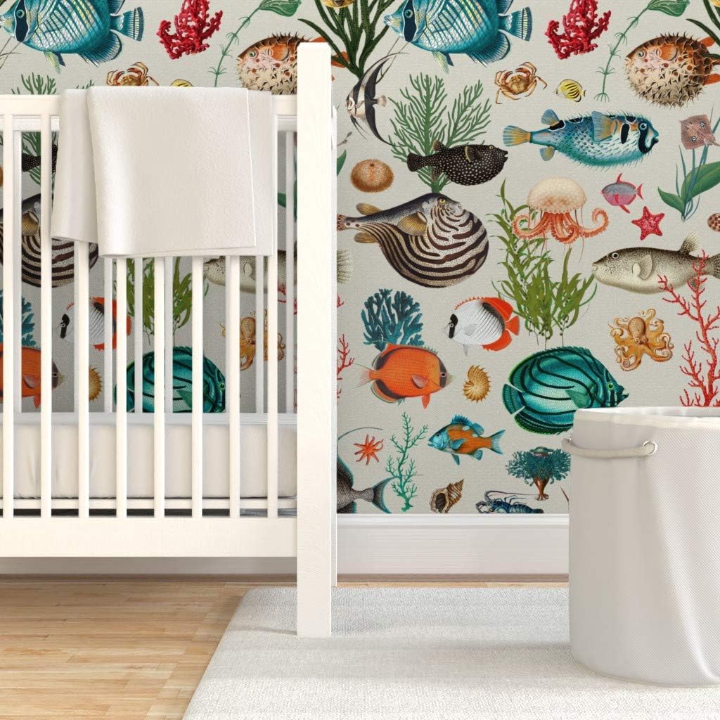 Peel & Stick Wallpaper Swatch - Beige Ocean Sea Creatures Fish Tropical Underwater Coral Custom Removable Wallpaper by Spoonflower