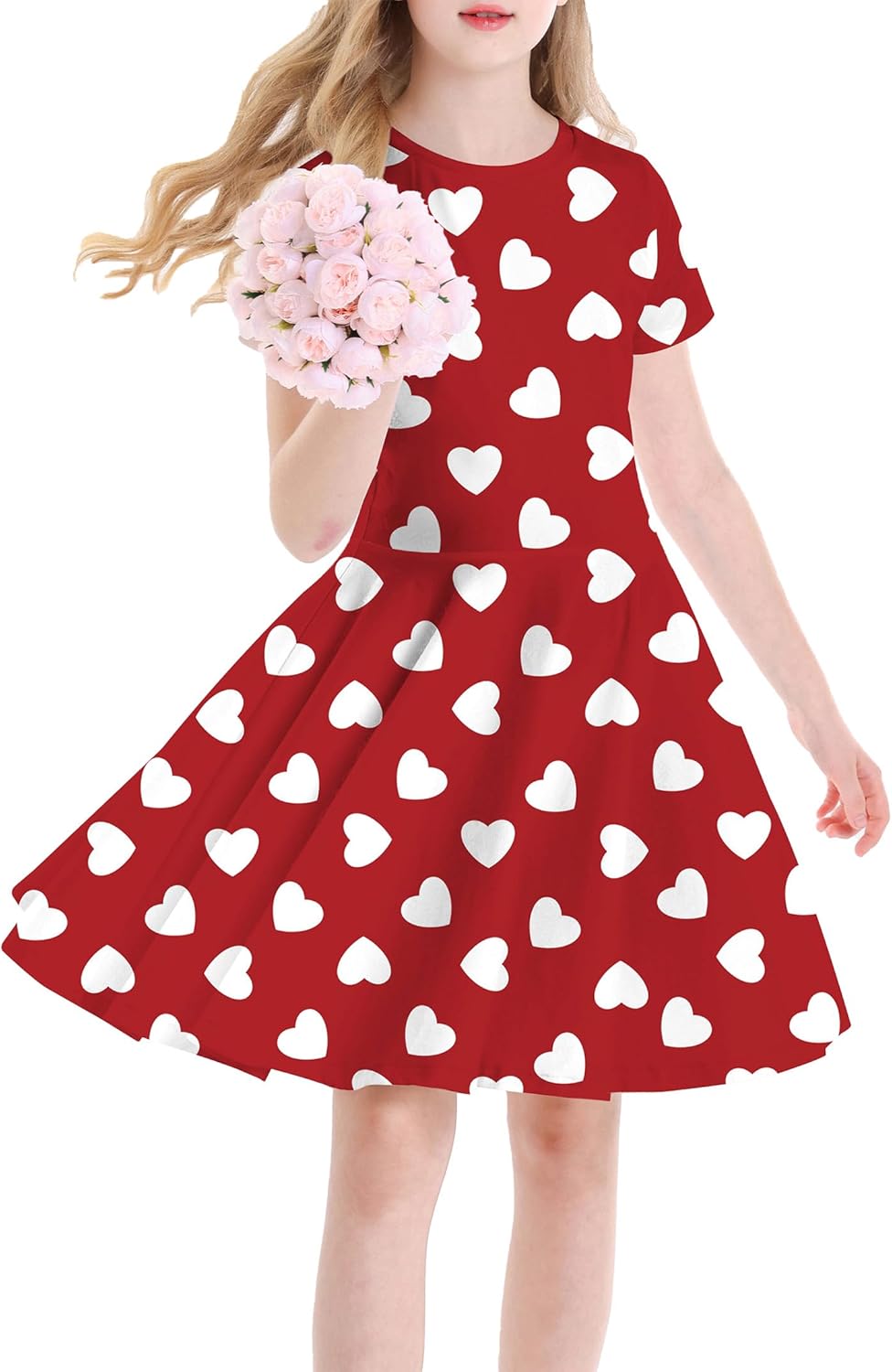 Girls Valentines Dress Outfits Cute Heart Dresses Short Sleeve with Swing - Image 4