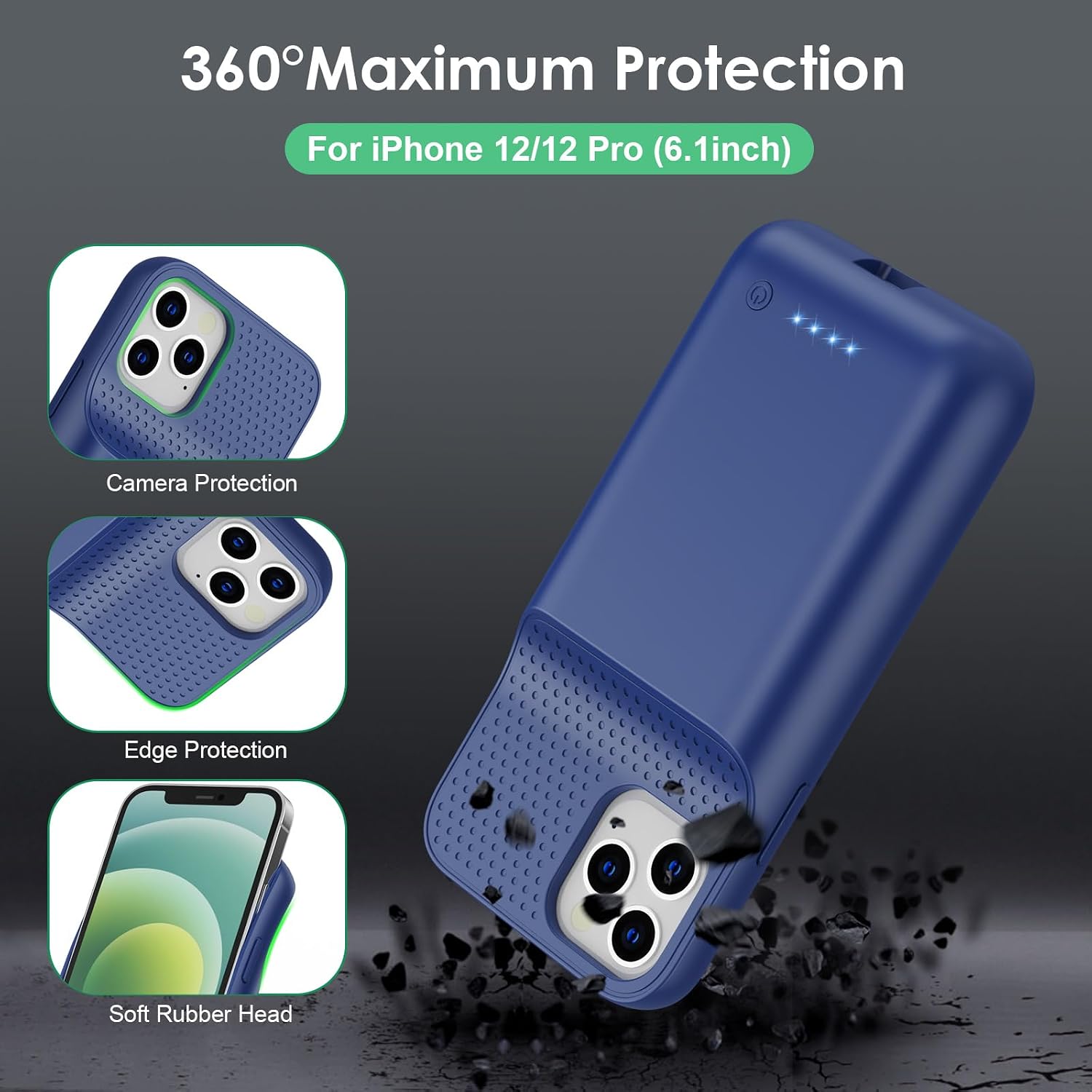Feob Battery Case for iPhone 12/12 Pro,Upgraded 10800mAh Ultra-Slim Battery Charging Case,Rechargeable Protective Extended Battery Charger Case for iPhone 12/12 Pro (6.1inch)-Blue