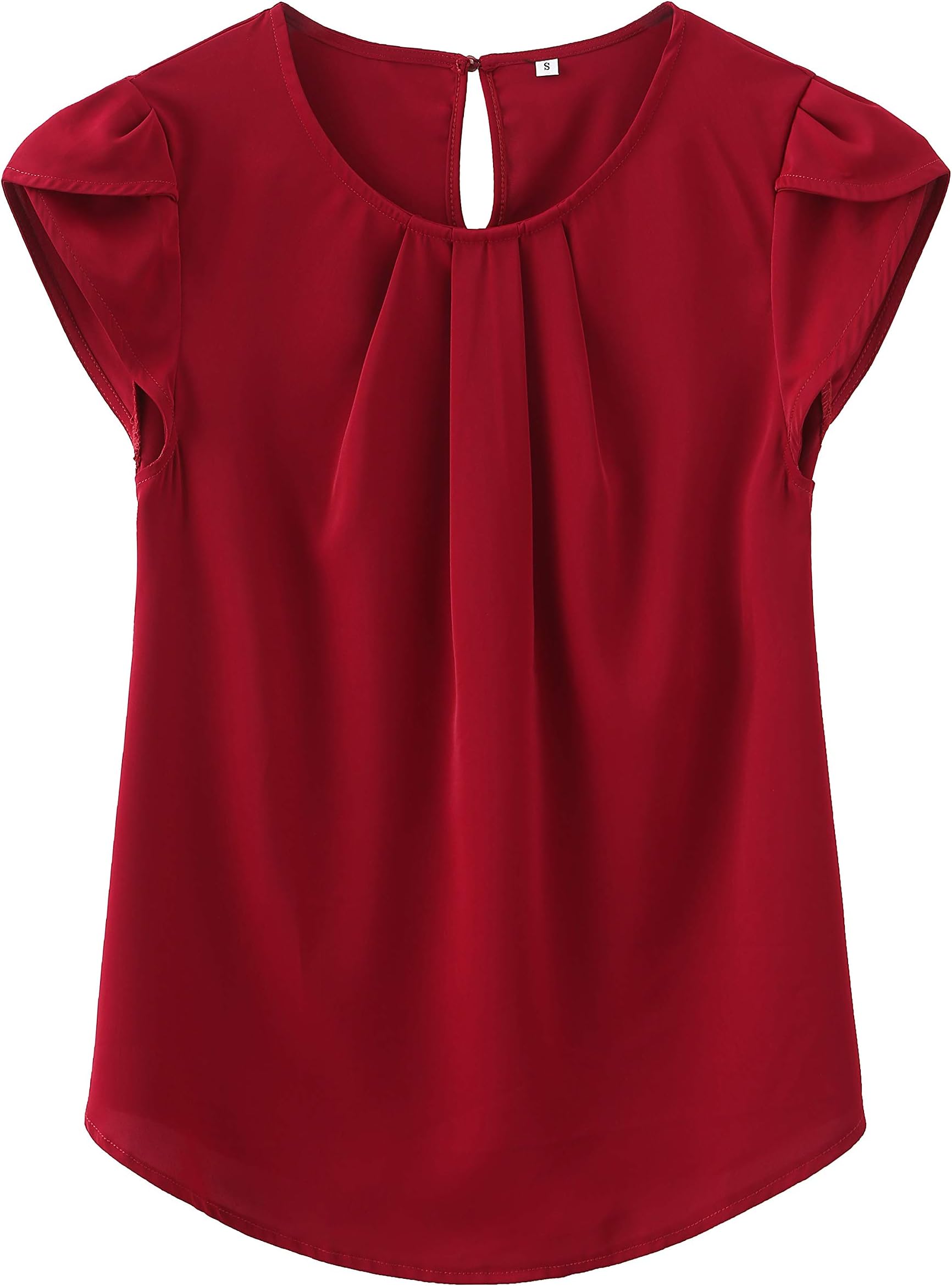 TASAMOWomen's Casual Round Neck Basic Pleated Top Cap Sleeve Curved Keyhole Back Chiffon Blouse
