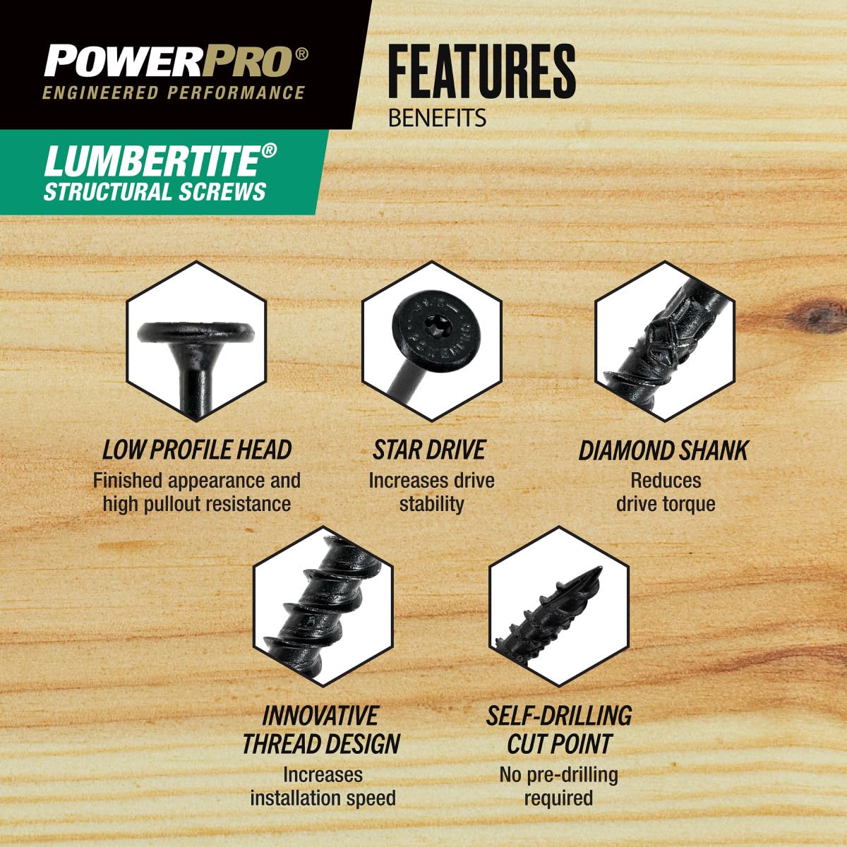 Power Pro 250 tornillos estructurales LumberTite (1/4 x 4-1/2 pulgadas) | Tornillos de madera resistentes de diseño patentado Star Drive | Cierres exteriores multicapa con revestimiento epoxi